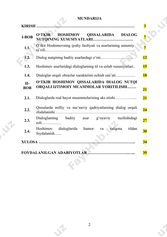 iboralar va suhbatlar xalqning kundalik turmushidagi tabiiyligini o‘zida aks ettiradi. oʻtkir hoshimov qissalarida dialoglar faqatgina voqealar rivojini ko‘rsatib bermaydi, balki o‘quvchini o‘ziga xos falsafiy fikrlashga, insoniy qadriyatlar ustida mulohaza yuritishga da’vat etadi. bu esa yozuvchining ijodiy uslubi va mahoratini namoyish etadi. shuningdek, dialoglar orqali qahramonlarning turli xil ijtimoiy qatlamlarga mansubligi, ularning dunyoqarashi va hayotiy tajribasi aniqlik bilan tasvirlanadi. mavzuning dolzarbligi shundaki, dialog nutqining badiiy asarlardagi roli zamonaviy adabiy jarayonda ham o‘z ahamiyatini yo‘qotmagan. oʻtkir hoshimov qissalarida uchraydigan samimiy, chuqur ma’noli va hayotiy suhbatlar hozirgi davr o‘quvchisi uchun ham qimmatli. bu asarlar o‘zbek tilining boyligi, ifodaviy imkoniyatlari va ma’naviy teranligini anglashda beqiyos manba boʻlib xizmat qiladi. shu bilan birga, dialoglarning o‘rganilishi nafaqat adabiyotshunoslik, balki tilshunoslik nuqtai nazaridan ham ahamiyatlidir. hoshimov qissalaridagi nutq shakllari milliy adabiyotimizda dialogning o‘ziga xos badiiy vosita sifatidagi ahamiyatini ko‘rsatadi va uni tahlil qilish orqali zamonaviy yozuvchilar uchun yangi ijodiy imkoniyatlar ochiladi. kurs ishining maqsadi: oʻtkir hoshimov qissalarida …
