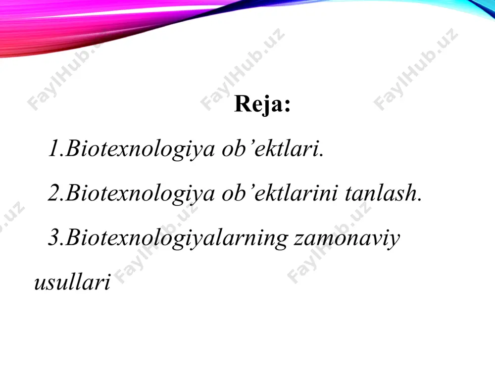 ab aralashmada mavjud bo'lib, uni keraksiz moddalar aralashmasidan ajratish zarurati tug'diradi. 3. biotexnologik ishlab chiqarish ko'p miqdordagi suvni talab qiladi, buning oqibatida ishlatilgan suv atrof-muhitga tashlanishi kerak. 4. oddiy kimyoviy jarayonlarga qaraganda biojarayonlar odatda sekin boradi. in vitro - (лотинчадан-«шиша ичида») – экспериментларни бажаришнинг шундай технологиясики, бунда тажрибалар «пробирка ичида», яъни тирик организмдан ташқарида бажарилади. in vivo – тажриба тирик организмда ўтказилади (одам ёки ҳайвон моделида). in situ – биологияда бу тушунча воқеиликни махсус шароитларда олиб бормасдан ўз жойида ва ўз холича кузатишдан иборат. тирик хайвонларни кузатиш ёки расмга тушириш, организмни табиий шароитда кузатилганлиги (ёки расмга туширилганлиги) аниқ қандай ва қаердалигини билдиради. in silico - термини кўп холларда биологик экспериментларни компьютерли моделлаштиришда (ишлатилади. ex vivo (ҳаётдан олинган дегани), бу «организмдан ташқарида рўй беришини», яъни организмдан ажратиб олинган тирик тўқима билан сунъий ташқи шароитда тажриба ўтказишдан иборатдир. biotexnologiyada ishlatiladigan ba’zi bir terminlar 8 biotexnologik ob’ektlar tuzilmadi: а) субхужайра тузилмалилар (вируслар, плазмидалар, …