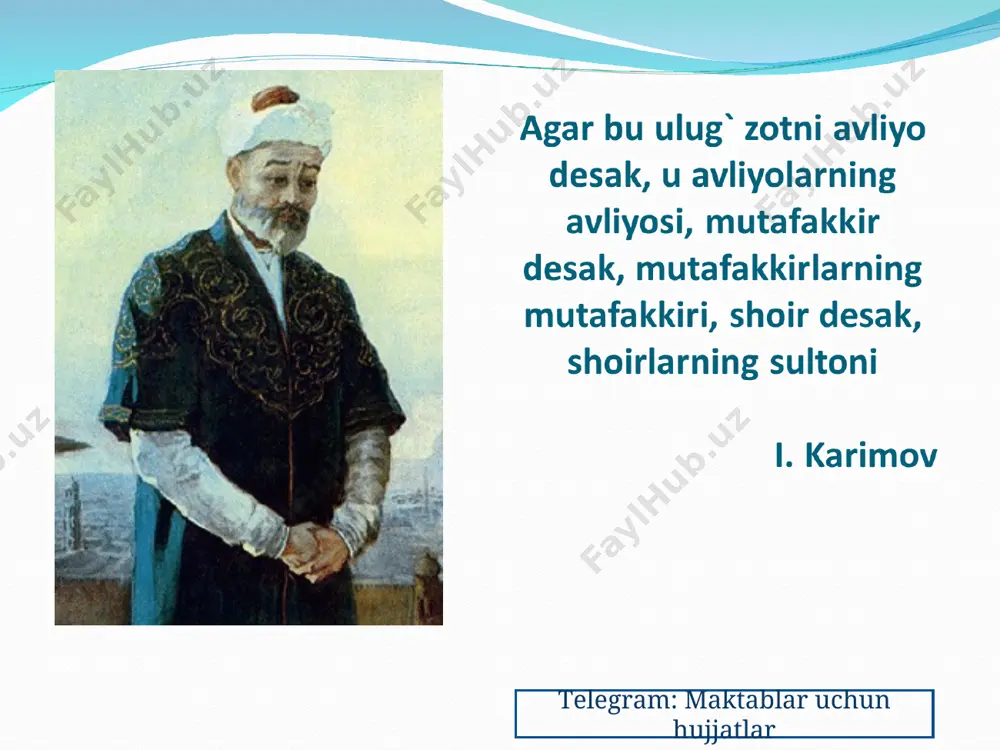 rav dehlaviy va abdurahmon jomiy qatoridan o’rin oldi. telegram: maktablar uchun hujjatlar “xamsa”ning birinchi dostoni “hayrat ul-abror” (“yaxshi kishilarning hayratlanishi”) asar 7976 misra (3988 bayt) bo’lib 63 bobdan iborat. ba`zi manbalarda 64 bob deyilgan. telegram: maktablar uchun hujjatlar ikkinchi dostoni “farhod va shirin” asari 1484-yilda yozilgan bo’lib, 59 bob, 5782 baytdan iborat. asar xazaji musaddasi maxzuf vaznida yozilgan. telegram: maktablar uchun hujjatlar uchinchi dostoni “layli va majnun”. bu asar ham 1484-yilda yozilgan bo’lib, 36 bob, 3622 baytdan iborat. u xazaji musaddasi axrabi maqbuzi makfuf vaznida yozilgan. telegram: maktablar uchun hujjatlar to’rtinchi dostoni “sab`ai sayyor” (“yetti sayyora”). bu asar 38 bob, 5000 baytdan iborat. asar hafif baxrida yozilgan bo’lib, unda “hikoya ichida hikoya” usuli qo’llangan. telegram: maktablar uchun hujjatlar “xamsa”ning so’nggi beshinchi dostoni “saddi iskandariy” (“iskandar devori”). bu asar 1485 – yilda yozilgan bo’lib, 89 bob, 7215 baytdan iborat. “xamsa” dostonlari ichidagi xajm jixatdan eng kattasidir. “saddi iskandariy” aruzning muttaqorib baxrida …