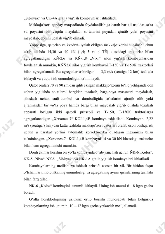 ha boradi. g‘alla hosildorligining uzluksiz ortib borishi munosabati bilan kelgusida kombaynlarning ish unumini 10—12 kg/s gacha yetkazish mo‘ljallanadi. „kolos“ kombayni o‘rgich, yanchish apparati, yurish qismi, gidravlik tizim, kabina va boshqa mexanizmlardan tuzilgan. kombaynga gidravlik taxlagich, somonni maydalash va yig‘ish uchun moslama va somonni uyumlarga yig‘ish uchun qo‘llanila- 7 — m.melibayev digan moslamalarni o‘rnatish mumkin. kombaynda yanchish apparatini yuklashni avtomatik boshqarish tizimi, barabanning aylanish chastotasi yurish tezligini ko‘rsatuvchi asboblar, va yorug‘lik signallari bor. „kolos“ kombayni uch xil ko‘rinishga ega. ular bir-biridan yanchish barabanlarining tuzilishi bilan farq qiladi. a) ck-6 kombaynida bitta savag‘ichli yanchish barabani bor bo‘lib, kombayn normal namlik sharoitida ishlatiladi; b) ck-6-ii kombaynida ikkita savag‘ichli yanchish barabani bor bo‘lib, yuqori namlik sharoitida ishlatiladi. v) ckïð-6 kombaynida bitta shtiftli va bitta savag‘ichli barabanlar bor bo‘lib, asosan qiyin yanchiladigan sholi hosilini yig‘ish uchun ishlatiladi. somon va mayda qiðiqlarni yig‘ish uchun agregatga gidravlik boshqariladigan g‘aramlagich tirkaladi. „keys korporeyshn“ kompaniyasining 2344 va 2366 donli …