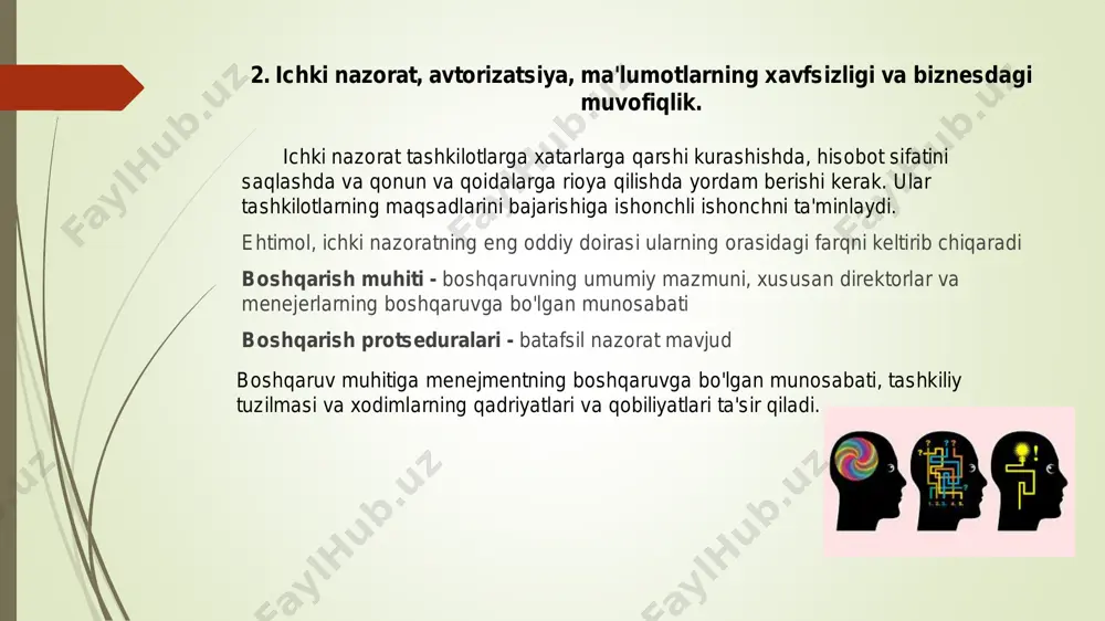 qaruv uslubi ba'zi tashkilotlarda yakka menejer yoki direktor biznesning muhim qismi ustidan eksklyuziv nazoratga ega. bu firibgarliklar uchun keng imkoniyatlarni yaratishi mumkin, ayniqsa, vaziyatni yuqori darajadagi boshqa shaxslar tomonidan ushbu faoliyatni mustaqil ravishda ko'rib chiqish juda qiyin bo'lsa. firibgarlikning oldini olish uchun menejerlar firibgarlikning xatarlari va belgilaridan xabardor bo'lishlari kerak.  firibgarlikning oldini olish korporativ strategiyaning ajralmas qismi bo'lishi kerak. firibgarlik xavfini boshqarish umuman biznes tavakkalchiligini boshqarishning asosiy qismidir va agar kompaniyaning risklarni boshqarish tartibi yomon bo'lsa, firibgarlik xavfini boshqarish ham muvaffaqiyatsiz bo'lishi mumkin. shuningdek, firibgarlikning yuqori xavfi aniqlangan biznesning aniq sohalarida ham nazorat zarur bo'ladi. vazifalarni ajratish firibgarlikning oldini olishda asosiy nazorat hisoblanadi. oxir-oqibat operatsion bosim segregatsiya tugallanmaganligini anglatishi mumkin. shunga qaramay, menejment alohida tutilishi kerak bo'lgan ba'zi funktsiyalarni belgilashi kerak, masalan, cheklarni imzolash funktsiyasini to'lovlarni avtorizatsiya qilishdan ajratish. barcha operatsiyalar uchun tegishli hujjatlar talab qilinishi kerak. cheklov nazorati, masalan, xodimlarga faqat tasdiqlangan ro'yxatdagi etkazib beruvchilarni tanlashga ruxsat berish …