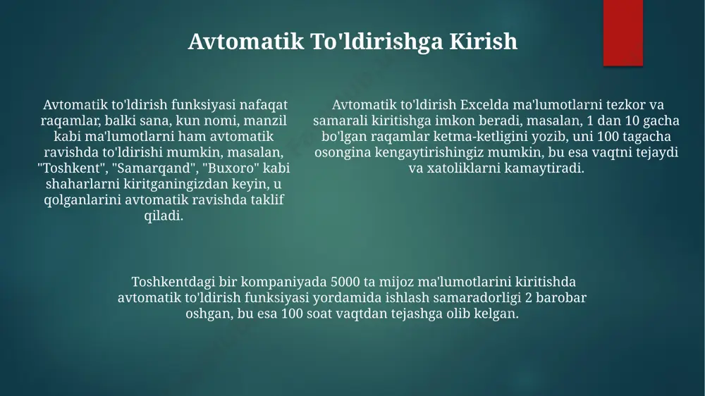 sanalarini kiritgandan so'ng, pastga tortish orqali farg'onada 30 kungacha bo'lgan sanalar ketma-ketligini tezda yaratishingiz mumkin. doiraviy diagramma excelda doiraviy diagrammalarni yaratishda 5 dan ortiq segmentdan foydalanish murakkablikka olib kelishi mumkin, shuning uchun toshkentdagi biznes tahlilchilari ko'pincha segmentlar sonini 4 ta bilan cheklaydi. doiraviy diagrammalar yordamida 2023 yilgi andijon viloyatining aholisi bo'yicha jinsiy tafovutlarni vizual ravishda taqqoslash va foizlarni aniq ko'rsatish mumkin. doiraviy diagrammalar ma'lumotlarni 360 daraja doira ichida tasvirlash uchun ishlatiladi, bu foizlar, ulushlar yoki nisbatlarni samarqanddagi statistik tadqiqotlar natijalarini ko'rsatishda qulaydir. avtomatik hisoblashning mohiyati avtomatik hisoblash, masalan, andijon viloyatidan kelgan 25 ta fermer xo'jaligining hosil miqdorini hisoblab, o'rtacha hosildorlikni aniqlashda samarali hisoblash usuli hisoblanadi. avtomatik hisoblash excelda formula va funksiyalar yordamida 1000 dan ortiq qator va ustunlardagi ma'lumotlarni tezda qayta hisoblash imkonini beradi, bu esa vaqtni sezilarli darajada tejaydi va xatolarni kamaytiradi. masalan, toshkentdagi do'konning 5 ta mahsulot bo'yicha savdo hajmini hisoblash uchun avtomatik hisoblashdan foydalanib, umumiy foyda miqdorini …