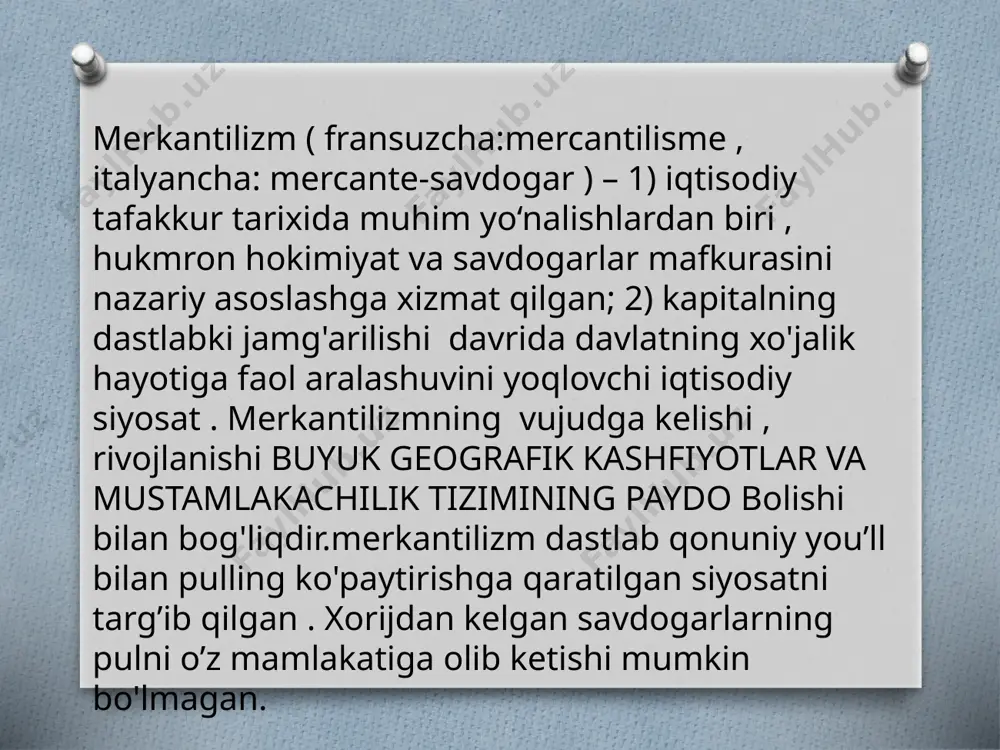 sodiy qonuniyatlarni izlab topish. merkantilizmning rivojlanish tarixi va vazifalari. 1.ilk merkantilizm yoki monetarizm o’n beshinchi asrdan o’n oltinchi asr o'rtalarigacha bo’lgan davrlarni o’z ichiga oladi. 2. rivojlangan merkantilizm savdo balansi(yoki manufaktura tizimi sistemasi) o’n oltinchi asrdan o’n sakkizinchi asrlar o'rtalarigacha davrlarni o’z ichiga oladi. merkantilistlar fikriga ko’ra ,savoring optimal balancing erishish uchun davlat eksportni rag‘batlantirib , importing ta'riflar,kvotalar ,subsidiary soliqlar orqali cheklashi kerak. mahsulot ishlab chiqarish hukumatning iqtisodiyotga aralashuvi va tashqi sardonic boshqaruvi orqali rag‘batlantirilishi lozim.horijda ishlab chiqarilgan tovarlarni keltirilishiga himoya vositalarini qo'llash ,eksport qilinadigan tovarlarini ishlab chiqarish uchun kerak bo’lgan xulosa o’n sakkizinchi asr oxiri o’n to'qqizinchi asr boshlaridaklassik iqtisodiy maktab to’la shakllanadi , bu ingliz olimlari a.smit va d.rikardolar tomonidan amalga oshirildi . bu tasodifiy voqea bo’lmay,shu davrda angliyada ob'yektiv shart-sharoitlar mavjud edi : burjua inqilobi,manufakturadan fabrikaga o'tilishi , agar islohot ,kapitalining dastlabki jamg'arilishi , sinfiy va mulkiy differensiatsiya va boshqalar. foydanilgan adabiyotlar ro'yxati: 1. xoshimov.p iqtisodiyot nazariyasi. …