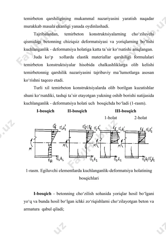 yo‘q va bunda hosil bo‘lgan ichki zo‘riqishlarni cho‘zilayotgan beton va armatura qabul qiladi; ii-bosqich - betonning cho‘zilish qismida yoriqlar hosil bo‘ladi va bunda ichki zo‘riqishlarni cho‘zilayotgan armatura va qisman yoriqlar orasidagi cho‘zilayotgan beton qabul qiladi; iii-bosqich - buzilish boskichi, bunda cho‘zilayotgan armaturadagi kuchlanish oqish chegarasiga yetganda buzilish sodir bo‘ladi (1-holat) yoki cho‘zilish sohasidagi armatura miqdori ko‘p bo‘lsa, siqilayotgan betonda parchalanish sodir bo‘lib, cho‘zilayotgan armatura uzilib ketadi (2-holat). 2. temirbeton konstruktsiyalarni chegaraviy holatlar usuli bo‘yicha hisoblash. bu usulga ko‘ra konstruktsiyaning mustahkamligi hisobiy koeffitsientlar majmuasi orqali loyihalanadi. mazkur usul bo‘yicha hisoblangan konstruktsiyalar birmuncha tejamli bo‘ladi. konstruktsiyalarni bu usul bo‘yicha hisoblaganda, ularning chegaraviy holatlari aniqlanadi. konstruktsiya elementlari tashqi kuchlarga qarshilik ko‘rsata olmay qoladigan holat chegaraviy holat deb ataladi. chegaraviy holatlar ikki guruhga bo‘linadi. birinchi guruh bo‘yicha elementlar mustahkamlik, ustivorlik, chidamlilik, sovuqbardoshlik va hokazolarga hisoblanadi. ikkinchi guruh bo‘yicha konstruktsiyalar bikrlik va yoriqbardoshlikka hisoblanadi. chegaraviy holatlar usulida quyidagi koeffitsientlar tizimi qo‘llaniladi: 1. yuklarga doir ishonchlilik …