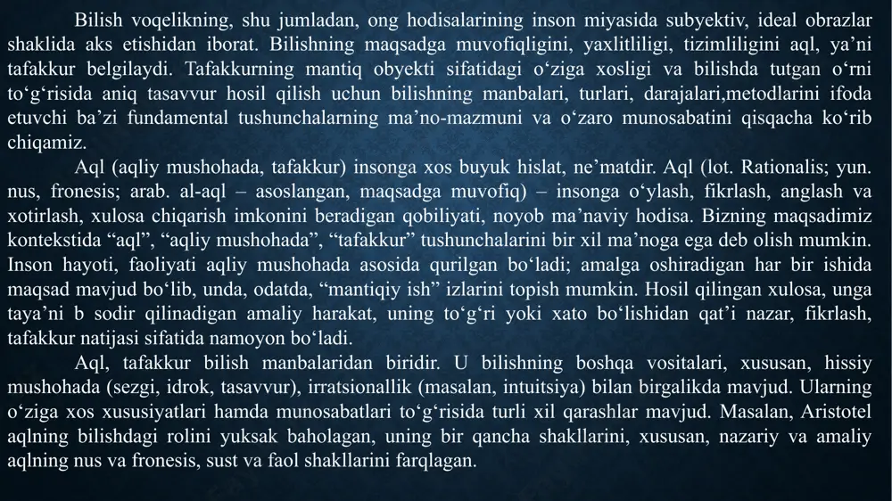 degan fikrlarning mazmuni turlicha bo‘lsa-da, ularning tuzilishi, shakli bir xildir. shuning uchun ularni “hamma s – r dir” yoki “hamma p – q dir”, deb ifodalash mumkin. mazkur formuladan foydalanib, yana boshqa ko‘plab mulohazalarni hosil qilish mumkin. bu mulohazalar klassik mantiqda, ya’ni an’anaviy formal mantiqda, odatda, ikki qiymatlidir, ya’ni ular chin yoki xato bo‘ladi. zamonaviy formal (simvolik) mantiqning turli yo‘nalishlarida (ular birgalikda noklassik mantiq deb nomlanadi) mulohazalarning chinligi turli darajadagi ehtimollikdan iborat bo‘lishi, ya’ni ko‘p qiymatli (ko‘p ma’noli) bo‘lishi mumkin. shunga muvofiq ravishda ko‘p ma’noli noklassik mantiq turlari shakllangan. ko‘p ma’noli mantiq hozirgi zamon noklassik mantig‘ining bir tarmog‘i bo‘lib, fikrlashni “chin”, “xato”, “qisman chin”, “qisman xato” kabi tushunchalar orqali ifodalaydi. agar umumiy formal mantiqda mulohazalar ikki qiymatli (chin yoki xato) bo‘lsa, ko‘p ma’noli mantiqda mulohazalar uchta va undan ortiq qiymatlidir. shuning uchun bu mantiq “ko‘p ma’noli mantiq” deb yuritiladi. bu mantiqda eng oddiy sistema uch ma’nolidir. masalan, siz “bmtning nizomini …