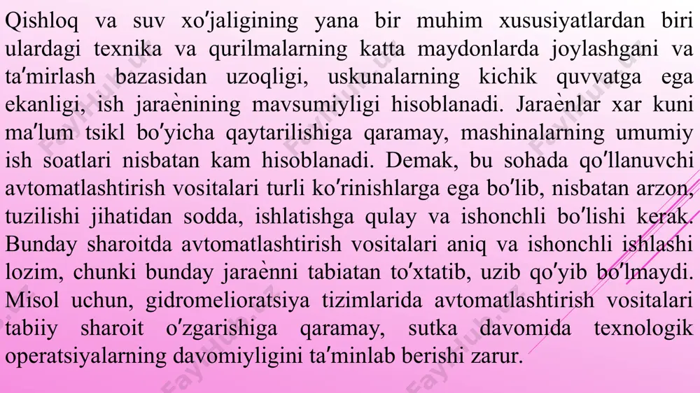 : yerga ishlov berish agregatini avtomatik boshqarishda o’simliklar qatorini fotodatchik ѐrdamida nazorat qilishning sxemasi keltirilgan. yerga ishlov berish agregatini avtomatik boshqarish tizimida o’simliklar qatorini fotodatchik ѐrdamida nazorat qilish sxemasi: 1,2-ѐrug’lik manbai, 3,4-fotoqarshilik, 5,6-kuchaytirgichlar, 7,8-ijro mexanizmlari. teplitsada texnologik jaraѐnlarni avtomatlashtirish umumiy qoidalar va talablar. teplitsa sharoitida mahsulot yetishtirishda o’simlikni normal rivojlanishi uchun asosiy ko’rsatkichlarni ta’minlashni talab etadi. bu sohada mikroiqlim ko’rsatkichlariga (ѐritilganlik, havo va tuproq harorati va namligi, har xil gazlarning kontsentratsiyasi, havo harorati tezligi va boshqalar) alohida agrotexnik talablar qo’yiladi. bulardan tashqari, teplitsada texnologik jaraѐnlarni avtomatlashtirish mehnat unumdorligini oshirishga, qo’l mehnatini kamaytirishga va yuqori sifatli mahsulotlar yetishtirishga olib keladi. teplitsa sharoitida maxsulot yetishtirishga qo’yiladigan asosiy talablar «teplitsalar va teplitsa xo’jaliklarida sabzavotlar va ko’chatlar yetishtirish texnologik loyixalash normalari»da ko’rsatilgan teplitsada havo haroratini avtomatlashtirish. sabzavot yetishtirish teplitsasida va ko’chat yetishtirish bo’limida havo harorati agrotexnika talablari va normalari bo’yicha quyidagi 4.5- jadval asosida bajarilishi kerak. 4.5.jadval teplitsa sharoitida mahsulot yetishtirishda havo haroratini rostlash …