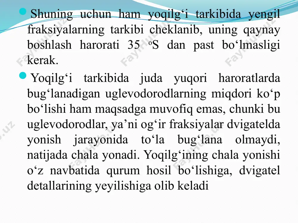 qiladi? bug‘lanuvchanligi bо‘yicha benzinlar qanday sortlarga bо‘linadi? benzinlar qanday markalanadi? benzin qanday fraksiyalarga bо‘linadi? fraksiya tarkibi nima? fraksiya tarkibi qanday xarakterli nuqtalar bilan baholanadi? benzinning bug‘lanish harorati standart kо‘rsatgichidan yuqori bо‘lsa dvigatelga qanday ta’sir qiladi? e’tiboringiz uchun raxmat. image2.png image3.png