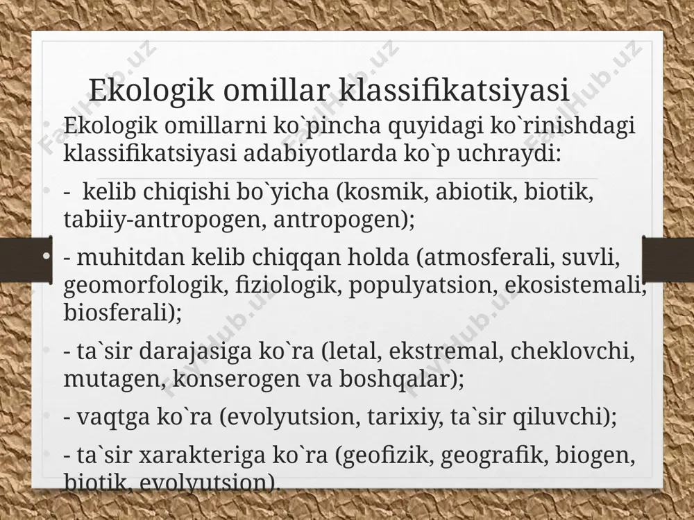 ovchanligi deb tushunsak, unda ekologik omillarning organizmlarga ta`sirini xarakterlaydigan minimal va maksimal yashovchanlik haqida gapirishimiz o`rinlidir. bu esa o`z navbatida har bir ekologik omil o`zgaruvchisi bo`yicha muvofiq, ma`lum bir optimal interval mavjudligidan darak beradiki, bunday intervalda organizmning yashovchanligi maksimal bo`ladi. 3. har qanday muhit bizni o`rab turgan atrofimizdagi ekologik omillar o`zaro ta`sirining holati hisoblanadi. 4. atrof-muhit omillarining populyatsiya dinamikasiga ta’siri deganda atrof-muhit omillarining kompleks ta`sirini tushuniladi. 5. vaqtning har qanday momentidagi populyatsiya individlarining yashovchanligi ekologik omillarning (zichligiga bog’liq va bog’liq emas) kompleks ta`siri bilan aniqlanadi: 6.populyatsiya dinamikasida asosiy rolni o`ynashi mumkin bo`lgan omil, bu o`sha omil bo`yicha hisoblangan yashovchanlik koeffitsienti funksiyasining minimal qiymatga ega bo`lishi. e’tiboringiz uchun raxmat! image5.png image6.png image7.jpeg image8.png image9.png image3.png image4.png