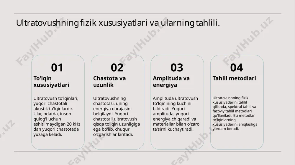 slikda ultratovush texnologiyalari materiallarning sifatini baholash, noqulayliklarni aniqlash va ishlab chiqarish jarayonlarini optimallashtirishda keng qo'llaniladi. 04 kelajak istiqbollari kelajakda ultratovush texnologiyalari yanada rivojlanishi kutilmoqda, masalan, sun'iy intellekt bilan integratsiya, bu esa ultratovushni yanada intuitiv va samarali qiladi. xulosa 1 ultratovush: asosiy tushunchalar ultratovush to'lqinlari, chastotasi va amplitudasi haqidagi bilimlar, uning fizik xususiyatlari va inson organizmiga ta'siri haqida keng qamrovli ma'lumotlar taqdim etildi. 2 tibbiyotda qo'llanilishi ultratovush tibbiyotda diagnostika va davolash jarayonlarida muhim rol o'ynaydi, bu esa yangi tadqiqotlar va innovatsion dasturlarga olib kelmoqda. 3 muhandislik va innovatsiyalar muhandislik sohasidagi ultratovush texnologiyalari, noqulay materiallarni tekshirish va yangi innovatsiyalarni keltirib chiqarishga qaratilgan tadqiqotlar bilan rivojlanmoqda. foydalanilgan adabiyotlar 1. o'connell, r. j. ultrasonics: principles and applications. academic press, 2021 2. shukurov, a. n. ultrasonics in medicine: applications and techniques. tashkent medical university press, 2020 3. siddiqov, b. a. principles of ultrasonic device operation. uzbekistan national university press, 2019 4. babaev, d. f. non-destructive …