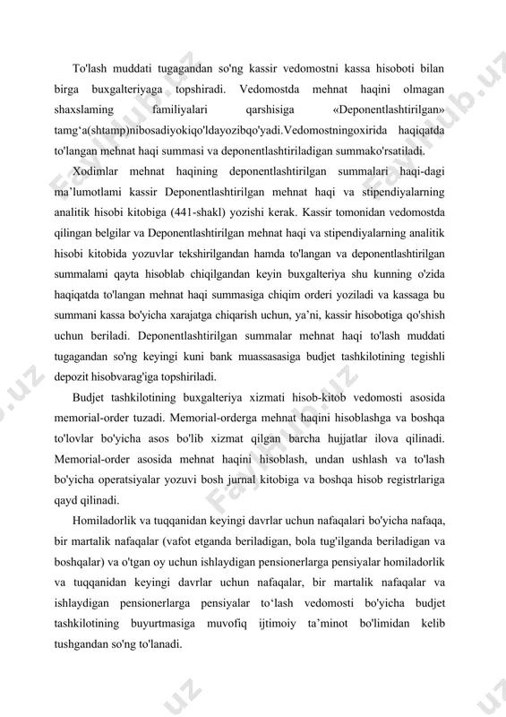 nda beriladigan, bola tug'ilganda beriladigan va boshqalar) va o'tgan oy uchun ishlaydigan pensionerlarga pensiyalar homiladorlik va tuqqanidan keyingi davrlar uchun nafaqalar, bir martalik nafaqalar va ishlaydigan pensionerlarga pensiyalar to‘lash vedomosti bo'yicha budjet tashkilotining buyurtmasiga muvofiq ijtimoiy ta’minot bo'limidan kelib tushgandan so'ng to'lanadi. homiladorlik va tuqqanidan keyingi davrlar uchun nafaqalar, bir martalik nafaqalar va ishlaydigan pensionerlarga pensiyalar to'lash vedomosti budjet tashkilotining rahbari va bosh buxgalteri hamda mazkur budjet tashkilotining kasaba uyushmasi tashkiloti raisi tomonidan imzolanadi va kasaba uyushmasi qo‘mitasining muhri tushiriladi. kasaba uyushmasining raisi tomonidan imzolanmagan homiladorlik va tuqqanidan keyingi davrlar uchun nafaqalari bo'yicha nafaqa, bir martalik nafaqalar va ishlaydigan pensionerlarga pensiyalar to'lash vedomostlari qonuniy kuchga ega emas, deb hisoblanadi va bu vedomostlar bo'yicha to'langan summalar ijtimoiy sug'urtaga qilingan ajratmalar hisobiga qabul qilinmaydi. ishchi va xizmatchilar hamda stipendiya oluvchilar bilan hisob-kitoblar hisobi uchun quyidagi subschyotlar qo'llaniladi: 171 - «vaqtinchamehnatgaqobiliyatsizlik bo'yicha nafaqagadoir hisob-kitoblar» subschyoti; 173 - «budjet to'lovlariga doir hisob-kitoblar» subschyoti; 175 …