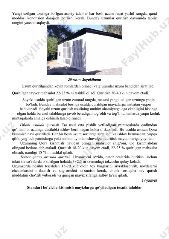 ishini saqlab qolishga, vitaminlarini yaxshi saqlanishiga, tarkibida qand moddasi kam yo‘qotilgan holda, mahsulotlarni qurt-qumursqalardan va mikroorganizmlardan saqlashga yordam beradi. patnislardagi uzumlar shiyponga 15-18 tadan taxlanadi. har bir to‘p taxlab qo‘yilgan patnislar usti yana bir bo‘sh patnis bilan berkitiladi. bu esa quritilgan uzumlar bir xil oltin rangda bo‘lishini ta’minlaydi. 4-5 kundan keyin uzumlar ag‘dariladi va patnislar o‘rniga (pastdagi patnis yuqoriga, yuqoridagi patnislar pastga) almashtiriladi. birinchi qatordan 20-25 sm masofada ikkinchi qator taxlab chiqiladi va 80 sm kenglikdagi o‘tish uchun yo‘lakcha qoldiriladi va shu tartibda patnislarni ikki qator shtabel usulida joylashtirish davom etiladi. quritish ob-havo sharoitiga qarab 14-21 kungacha davom etadi. bunday usulda quritilganda 27-32% kishmish (urug‘siz), 26-27% mayiz (urug‘li) olinadi. oq kishmish, botir, zarafshon, samarqand, xishrau navidan quritilgan uzum oltin rang sabza deb ataladi. kattaqo‘rg‘on, sultoni va nimrang navlaridan olingan mahsulot esa oltinrang germion deb ataladi. objush usulida quritish. bu usulning o‘ziga xos xususiyati shundaki, bunda uzumga avval kaustik sodaning qaynayotgan …