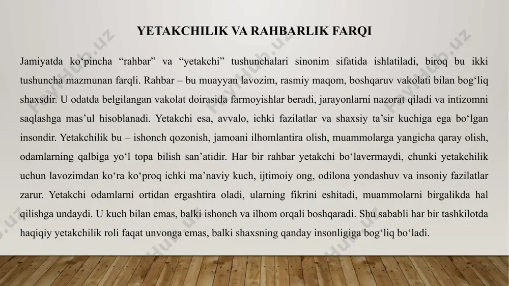 , ishonch va o‘zaro hurmat muhitini shakllantiradi. shuningdek, u qarorlar qabul qilishda shaffoflikni ta’minlaydi, o‘zgarishlarni izchil tushuntiradi va har bir xodimni umumiy maqsadlarga jalb etishga harakat qiladi. bugungi tezkor axborot oqimida muloqotda aniqlik, texnologiyalarni to‘g‘ri qo‘llay olish va ijtimoiy tarmoqlarda ham salmoqli ishtirok etish yetakchining raqamli davrdagi muhim vazifasidir. shu bois, kommunikatsiya nafaqat axborot uzatish vositasi, balki yetakchilik san’atining ajralmas bo‘lagi sifatida qaraladi. ilhomlantiruvchi yetakchilar misoli – shavkat mirziyoyev shavkat mirziyoyev, o‘zbekiston respublikasining prezidenti sifatida, zamonaviy milliy yetakchilikni namoyon etib, mamlakatda katta islohotlar va o‘zgarishlarga sabab bo‘ldi. uning rahbarligi ostida amalga oshirilgan siyosat va tashabbuslar xalq uchun real foyda keltirdi. prezidentning ochiqlik, xalq bilan bevosita muloqot qilishga asoslangan uslubi, xalq ishonchini qozonishda katta ahamiyatga ega bo‘ldi. mirziyoyevning asosiy yutuqlaridan biri iqtisodiy sohada bo‘lgan islohotlardir. u bozorda raqobatni rivojlantirish, investitsiyalarni jalb qilish va innovatsiyalarni qo‘llab-quvvatlashga katta e’tibor qaratdi. shu bilan birga, ta’lim va sog‘liqni saqlash tizimlarini yangilash bo‘yicha katta ishlar amalga …
