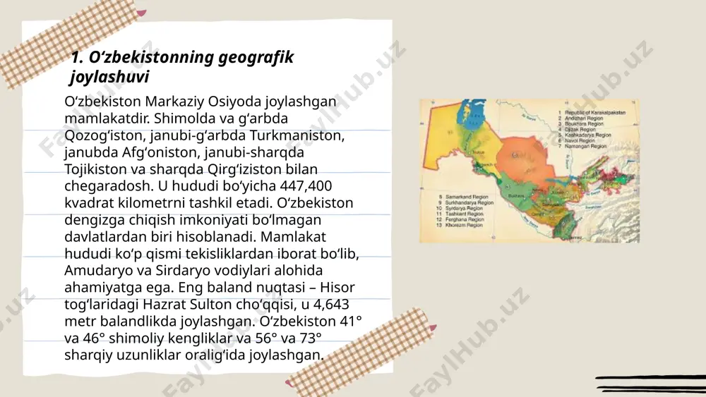 uritadi. shuningdek, mamlakatda turli konfessiyalarni ifoda etuvchi 16 diniy tashkilot rasman roʻyxatdan oʻtgan. diniy erkinlik va turli dinlarga e'tibor berilsa-da, hukumat diniy ekstremizmga qarshi qat'iy choralar koʻrmoqda. ... t.me/slaydai_bot 7. oʻzbekiston milliy taomlari oʻzbekiston milliy taomlari turli madaniyatlar ta'sirida shakllangan va keng tanilgan. palov eng mashhur taomlardan biri bo'lib, har bir hududda oʻziga xos tayyorlanadi. oshxona tarixida 2000 yildan ziyod vaqt davomida rivojlangan. lagʻmon, somsa, manti, shashlik, va chuchvara kabi taomlar milliy oshxonaning ajralmas qismidir. har bir taomning o'ziga xos mazasi va tayyorlash usuli mavjud, ularni tayyorlashda goʻsht, guruch, ziravorlar va sabzavotlar keng qo'llaniladi. oʻzbekiston taomlari ko'pincha katta jamoaviy yig'ilishlarda yoki bayramlarda, masalan, navro‘zda dasturxonga tortiladi. orasta tayyorlangan taomlar do'stlar va oila a'zolarini birlashtirishga xizmat qiladi. ... t.me/slaydai_bot oʻzbekistonning taʼlim tizimi davlat tomonidan boshqariladi va uch bosqichdan iborat: maktabgacha taʼlim, umumiy oʻrta taʼlim va oliy taʼlim. mamlakatda 6 yil davom etadigan boshlangʻich ta'lim, shuningdek, 3 yil davom etadigan oʻrta taʼlim …