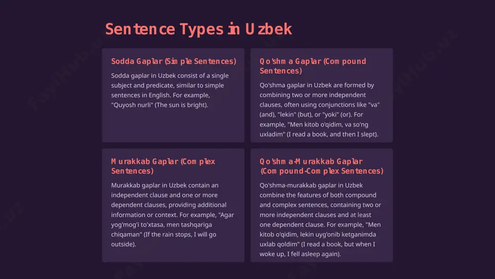 ucture and provide ample opportunities for students to practice and apply their knowledge in various contexts. 7 sentence structure and language typology language families the sentence structures of english and uzbek reflect their belonging to different language families. english is an indo-european language, while uzbek is a turkic language. understanding these broader linguistic affiliations can provide insight into the underlying patterns and variations in sentence formation. syntactic typology the word order differences between english and uzbek are a reflection of their respective syntactic typologies. english is considered an svo language, while uzbek is classified as an sov language. this typological distinction has far-reaching implications for the overall structure and grammatical features of each language. cross-linguistic comparisons by analyzing and comparing the sentence structures of english and uzbek, linguists can gain valuable insights into the diversity of human language and the underlying principles that govern language formation and usage across the …