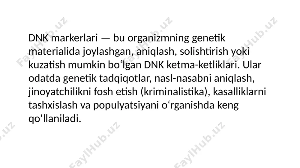 i nazar o‘zgaruvchan bo‘lgan dnk ketma-ketliklari, ya’ni genetik “belgilar”. ular organizmning genetik tarkibini o‘rganishda, solishtirishda va aniqlashda belgi sifatida ishlatiladi. --- asosiy xususiyatlari: genetik jihatdan barqaror, meros bo‘ladigan bo‘lishi kerak. organizmda har xil shakllarda (polimorfizm) mavjud bo‘lishi kerak. oson aniqlanadigan va takrorlanuvchi bo‘lishi kerak. molekulyar markerlar – irsiyatning standart qonunlari asosida bir avloddan keyingi avlodga ko’chib o’tadigan, genomning spetsifik regionlarini belgilovchi aniq dnk ketma-ketliklari demakdir ularning mavjudligi zamonaviy dnk texnologiyalari asosida aniqlanadi va bu biron bir belgi bilan assotsiatsiyalangan (bog’langan) genlar mavjudligidan dalolat beradi. rflp – restricted fragment length polymorphism (bo’laklangan fragmentlar uzunliklari polimorfizmi - bfup). rflp tahlili ilk bor jeffris tomonidan 1985 yil olib borilgan. cheklash bo'lagi uzunligining polimorfizmi (rflp) - bu genomik dnkni o'rganish, dnkni cheklash endonukleazlari yordamida kesish va natijada hosil bo'ladigan qismlarning hajmini (cheklash) gel elektroforez (dnk elektroforezi) bilan tahlil qilish. rflpda irsiy kasalliklar diagnostikasi, genom xaritasi, sud-tibbiyot tadqiqotlarida jinoyatchilarni aniqlash, otalikni aniqlash va boshqalar kabi …