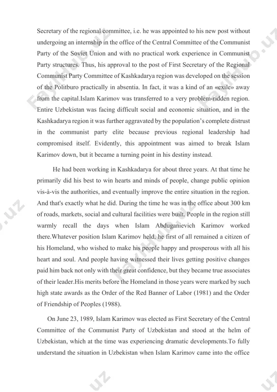 an irritation among the country’s leadership that his further stay in tashkent became undesirable. their intention to get rid out of the «inconvenient» islam karimov was so strong that they ignored the established procedure for appointing the first secretary of the regional committee, i.e. he was appointed to his new post without undergoing an internship in the office of the central committee of the communist party of the soviet union and with no practical work experience in communist party structures. thus, his approval to the post of first secretary of the regional communist party committee of kashkadarya region was developed on the session of the politburo practically in absentia. in fact, it was a kind of an «exile» away from the capital.islam karimov was transferred to a very problem-ridden region. entire uzbekistan was facing difficult social and economic situation, and in the kashkadarya region it was further aggravated by the …
