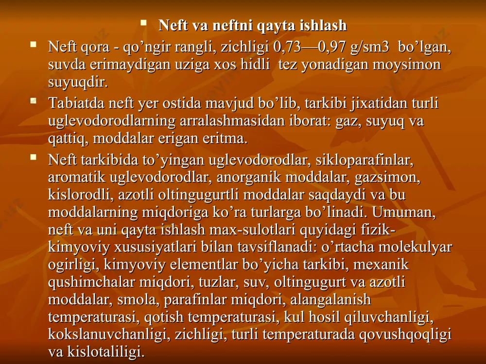 0 metr bo’lgan kolonnaga yuboriladi. unda teshiklari bo’lgan yotiq holda joylashtirilgan likopcha (tarelka)lar qo’yilgan bo’lib, ular orqali qizigan neft bug’i yuqoriga ko’tarila boradi va sovib suyuqlikka aylanadi. eng avval oson uchuvchan (ga­zoyl) fraksiyasi, keyin kerosin fraksiyasi, keyin lig­roin, benzin va ohirida gazolin fraksiyalari ajratib olinadi. ajratib olingan benzinning bir qismi qaytadan kolonnaga sovitgich sifatida yuboriladi. bu boskichda neftning atigi 20% i benzin sifatida ajratib olinadi. mahsulotni kam chiqishi bu bosqichning kamchiligidir. oxirida qora quyuk massa — mazut qoladi. mazut tarkibida qolgan moddalarni ajratib olish uchun vakuumli haydash usulidan foydalaniladi. haydash mahsulotlari sifatida turli surkov moylari, parafin (qattik alkanlar) va vazelinlar olinadi. mazutni hay-dash natijasida qolgan qoldik. "neft kuli" yoki gudron deb, aytiladi. gudron asfalt ishlab chiqarishda asosiy tarkibiy qism (material) sifatida ishlatiladi. ajratib olingan har bir fraksiya mahsuloti o’zining ishlatilish sohasiga ega. benzin — avtomobil va avia yonilg’isi, erituvchi, ekstraktsiyalovchi modda sifatida ishlatiladi. benzinning havo bilan aralashmasi avtomobil dvigatellarida yuqori …