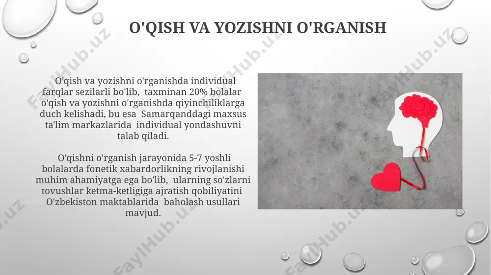 и. истеъдоднинг кўп қиррали эканлигини ховард гарднернинг кўп интеллект назарияси (7-дан ортиқ интеллект тури) яққол кўрсатади; бу назария таълим жараёнида турли ўқувчиларга мос келадиган усулларни танлашга ёрдам беради. o'qituvchining roli va uslublari o'qituvchining roli, andijon viloyatining maktablari misolida ko'rsatilganidek, nafaqat bilim berish, balki o'quvchilarning ijtimoiy-emotsional rivojlanishiga ko'maklashish, ularning 10 yoshdan keyin mustaqil hayotga tayyorlash bo'yicha 3 bosqichli dasturlarni amalga oshirishni ham o'z ichiga oladi. o'qituvchi, masalan, toshkentdagi 5-sinf o'quvchilariga differensial ta'lim yondashuvi orqali, har bir bolaning noyob ehtiyojlarini hisobga olgan holda, o'qitish uslublarini moslashtirishi kerak. ta'lim muhitining ahamiyati ta'lim muhitining samaradorligi o'quvchilarning 70% ga yaqinini maktabdagi ijtimoiy-psixologik muhitga bog'liq ekanligini ko'rsatadi, masalan, toshkentdagi 15-maktab tajribasi buni tasdiqlaydi. o'quv muhitining estetik jihatlari, yorug'lik, ranglar va shamollatish kabi omillar, 30% gacha o'quv jarayonining samaradorligiga ta'sir qiladi, bu esa o'quv natijalariga ijobiy ta'sir ko'rsatadi. ta'lim psixologiyasining asosiy tushunchalari vygotskiyning yaqin rivojlanish zonasining tushunchasi, bolaning mustaqil ravishda bajarishi mumkin bo'lgan vazifalar va kattalar yordami …