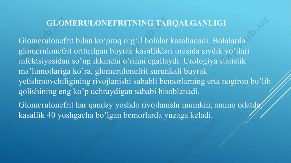 o‘tkir rivojlanishi, o‘ziga xos shikoyatlar, shishlar va gipertoniya, yurak yetishmovchiligi aniqlanishi, shuningdek siydikda oqsil va eritrositlar borligi o‘tkir diffuz glomerulonefritni osongina tashxislash imqoniyatini beradi. ba'zida o‘tkir nefritni toksikoinfeksion buyrak deb ataluvchi holatdan ajratish mushkul, toksikoinfeksion buyrak ozgina proteinuriya, mikrogematuriya bilan kechadi, bunday holatlar ko‘pgina infeksiya davrida bo‘lishi ham mumkin. ushbu o‘zgarishlarning asosiy kasallik belgilari tinchiganidan keyin yo‘qolishi, shishlar bo‘lmasligi, gipertoniya o‘tkir glomerulonefritga qarshi guvohlik beradi. o‘tkir nefrit differensial tashxisida siydik o‘zgarishlari bilan kechuvchi yurak yetishmovchiligini, o‘tkir buyrak yetishmovchiligini, amiloidozning o‘tkir rivojlanishini, turli vaskulit va kollagenozlarda buyrak o‘zgarishalarini, o‘tkir pielonefritni istisno qilish kerak. o‘tkir diffuz glomerulonefritni surunkalining zo‘rayishi bilan differensiasiyalash qiyin bo‘ladi. bunday hollarda anamnez, buyrak funksiyasi o‘zgarishlari, anemiya, shuningdek rentgenologik tekshiruvlar natijalarida angioneyroretinopatiya aniqlanishi o‘tkir glomerulonefritni istisno qilish imkonini beradi. to‘liq sog‘ayish 80% hollarda, 15% bolalarda kasallik surunkali kechishga o‘tadi. glomerulonefrit bilan kasallangan bolalar orasida o‘lim 5% ni tashkil etadi. o‘lim kasallikning o‘tkir bosqichida buyrak yetishmovchiligi natijasida sodir bo‘lishi mumkin. …