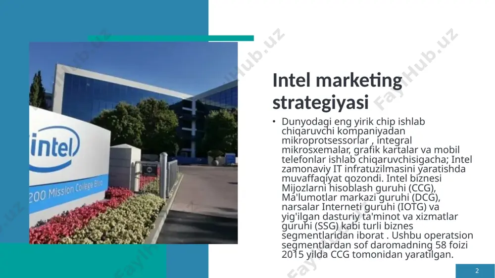 h va ishlab chiqarish jarayonlarini nazorat qilish kompaniyaga operatsion xarajatlarini, jarayon sifatini, quvvat sarfini va mahsulot tannarxini nazorat qilishda yordam beradi. lorem ipsum dolor sit amet elit. lorem ipsum dolor sit amet elit. 7 7 intel marketing strategiyasida brend kapitali u chakana sotuvchilar, sotuvchilar va elektron tijorat va agentlik distribyutorlaridan o'z mahsulotlarini/xizmatlarini yakuniy mijozlarga taqdim etish uchun foydalanadi. intel turli xil mijozlar va mahsulotlar to'plami uchun turli tarqatish kanallarini kuzatib boradi. raqamli muhitda mavjud bo'lish va ko'p sonli boylik bilan assotsiatsiya 500 ta kompaniyalar kompaniyaga yuqori brend kapitalida yordam berdi. intel sifati, innovatsiyalari va muvofiqligi bilan mashhur bo'lib, bu intel bilan bog'langan kompaniyalarga intel vakolatlaridan foydalanishda yordam beradi . 8 8 intel biznesi to'rtta biznes segmentidan iborat 9 mijozlarni hisoblash guruhi (ccg) ma'lumotlar markazi guruhi (dcg) narsalar interneti guruhi (iotg) va yig'ilgan dasturiy ta'minot xizmatlar guruhi (ssg) va barchasi bcg matritsasining yulduzlari . 9 intelning marketing strategiyasida bcg matritsasi 10 …