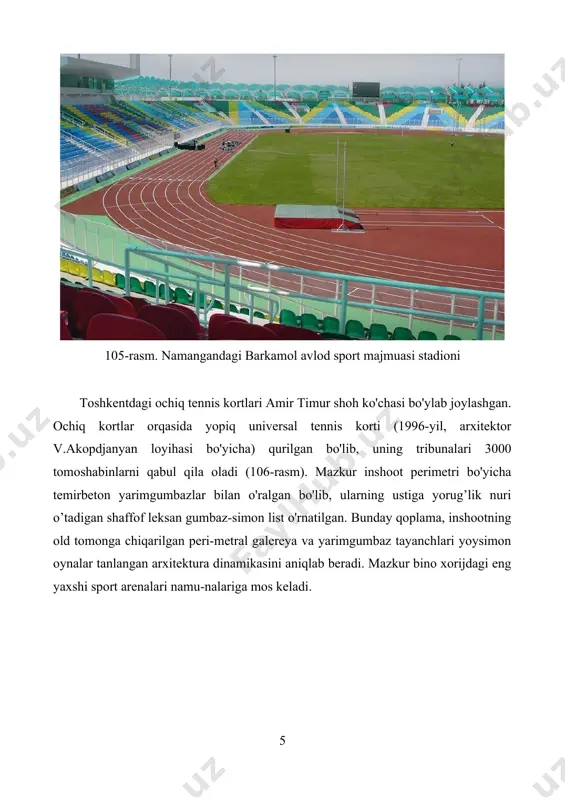 t markaziy "paxtakor" stadionida qayta qurilish ishlari olib borilmoqda (118-rasm). andijondagi “sog’lom avlod” stadioni (119, 120-rasmlar), toshkentdagi “jar” stadioni (121-rasm), namangandagi navbahor stadioni (122rasm), qashqadaryodagi markaziy stadion (123-rasm), jizzaxdagi markaziy stadion (124-rasm), nukus shahridagi turon stadioni (125-rasm) va nihoyat, respublikamizda o'xshashi yo'q "bunyodkor" (hozirda “milliy”) stadioni foydalanishga topshirildi. mazkur stadionning sig’imi 34.000 kishini tashkil etadi. 113-rasm. yangi "lokomotiv" stadioni, toshkent shahri 114-rasm. metalllurg stadionii, sig’imi: 5000 kishi, 1960-yili qurilgan 115-rasm. dinamo stadioni, samarqand shahri, sig’imi 16.000 kishi, 1963-yili qurilgan, qayta qurilish 2011-yil kuzda tugallangan 116-rasm. buxoro stadioni, buhoro shahri. sig’imi 22.700 kishi, shuningdek harakatlanish imkoniyatlari cheklangan insonlar uchun qo'shimcha 1000 o'ringa ega. qurilgan yili – 1960, 2002-yilda qayta qurilgan. yangi stadion sport majmuasidan tashkil topgan. uning hududida ko'pgina sport turlari bo'yicha seksiyalar mavjud. stadionning umumiy maydoni 30.782 m² ni tashkil etadi. 117-rasm. "farg’ona" stadioni, farg’ona shahri, 14.600 tomoshabinga mo’ljallangan. 118-rasm. farg’onadagi "neftchi" stadioni. 119-rasm. “paxtakor” stadioni. toshkent shahri “paxtakor” stadioni …