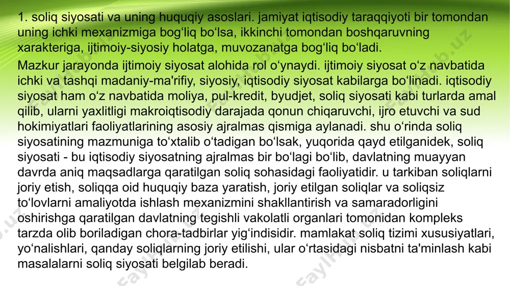llik bilan amalga oshirila boshlandi va ushbu islohotlarning samarasi o‘laroq hozirgi paytga kelib respublikamizda bir qadar o‘ziga xos bo‘lgan soliq tizimi shakllantirildi. jahon soliq siyosati tajribasida soliqqa tortishning quyidagi yo‘nalishlariga katta e'tibor beriladi: 1) har xil mulk shakllariga moslangan korxona va tashkilotlarning xo‘jalik yuritishiga mumkin qadar iqtisodiy sharoit yaratish, ularni bozor munosabatlariga kirib borishiga har tomonlama yordamlashish; 2) ijtimoiy-zaruriy umumdavlat vazifalarini bajarish uchun davlatni kerak bo‘lgan moliyaviy manbalar bilan ta'minlash; 3) bozor iqtisodiyoti sharoitida yangi ijtimoiy-iqtisodiy omillarni tashkil qilishda qatnashish, ishsizlarni ish bilan ta'minlash, iqtisodiy nochorlarga yordam berish; 4) aholi turmush darajasini zaruriy me'yorda saqlab turish imkonini izlash va ta'minlash, soliqqa tortilmaydigan daromad minimumini vaqti-vaqti bilan oshirib borish. bunda «iste'mol savatchasi» ma'lumotlarini e'tiborga olish. shu o‘rinda yuridik shaxslarni soliqqa tortishning muhim tartiblariga alohida to‘xtalib o‘tish zarur. respublikamiz soliq qonunchiligida hozirgi vaqtda soliqqa tortishning umumbelgilangan tizimi bilan bir qatorda, amaldagi barcha soliqlar o‘rniga birgina soliqni to‘lashni ko‘zda tutuvchi soliqqa tortishning alohida …