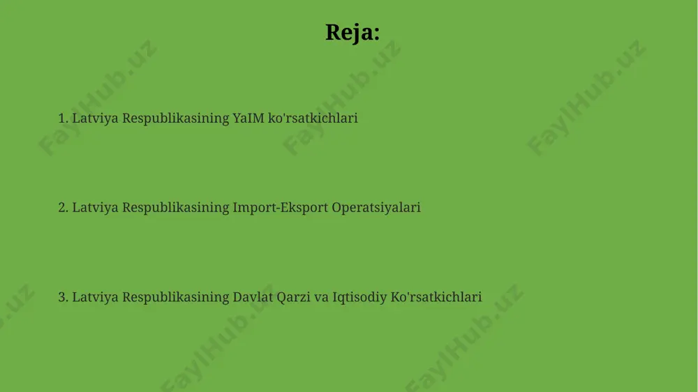 odan oshgan, bu mamlakat iqtisodiyotining muhim ko'rsatkichidir. latviyaning tashqi savdo balansiga asosan yevropa ittifoqi mamlakatlari bilan savdo aloqalari katta hissa qo'shadi, taxminan 70% dan ortiq ulushni egallaydi. latviyaning tashqi savdo balansi 2022-yilda ijobiy ko'rsatkichni qayd etgan bo'lsa-da, 2023-yilning birinchi choragida salbiy tomonga o'zgargan, bu esa importning eksportdan yuqori ekanligini ko'rsatadi. latviya respublikasining yaim ko'rsatkichlari latviya respublikasining yaim 2022-yilda 37 milliard eur atrofida bo'lib, aholi jon boshiga yaim esa taxminan 20,000 eur ni tashkil etdi, bu yevropa ittifoqining o'rtacha ko'rsatkichidan biroz past. latviya yaimining asosiy tarkibiy qismlari xizmat ko'rsatish, sanoat va qishloq xo'jaligi bo'lib, ularning ulushi mos ravishda 65%, 25% va 10% atrofida. 2023-yil birinchi choragida latviya yaimi o'sish sur'ati 2,7% ni tashkil etdi, inflyatsiya esa 10%dan oshdi, bu iqtisodiy o'sishning haqiqiy darajasini pasaytirdi. chet el investitsiyalari latviyaga xorijiy investitsiyalar 2022-yilda yalpi ichki mahsulotning 2% dan ko'prog'ini tashkil etdi, bu esa iqtisodiy o'sishga sezilarli hissa qo'shdi. to'g'ridan-to'g'ri xorijiy investitsiyalar oqimi so'nggi …