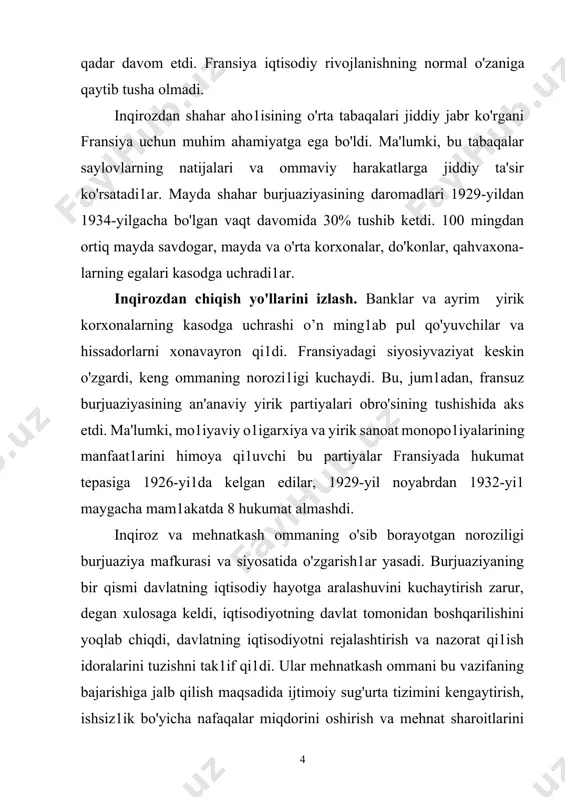 aosh miqdorlarini belgilash huquqiga ega markaziy boshqaruv idorasini tashkil etishni taklif qildilar . shuningdek, ish kunini qisqartirish va mehnatkashlar uchun haq to'lanuvciiita'tillarnijoriy etish ham taklif qilindi. bu burjua doiralari siyosiy arboblarining liberal islohotlar dasturi bilan mos keluvchi dastur bo'lib, ular birgalikda fransiyaning 30-yillar siyosiy hayotidagi nufuzli liberal yo'nalishning asosini tashkil qildilar. burjua islohotchi1arining yana bir guruhi demokratik erkinliklarni cheklash va «kuchli hokimiyat»ni q&.-j:or topdirish maqsadida konstitusiyaning qayta ko'rilishini talab qildilar. sobiq bosh vazir tarde parlament huqularini cheklash va prezident vakolatlarini kengaytirish tavsiya qildi. bu burjuaziyaning o'z imtiyozlari va daromadlarini kuchli markazlashgan hokimiyat yaratish yo'li bilan saqlab qolishga uringan konservativ guruhi edi. ikkala yo'nalish vakillari liberallarning ham, konservatorlarning ham maqsadlari bir - mavjud ijtimoiy-iqtisodiy tartibni saqlab qolish bo'lib, faqat bunga erishish yo'llarigina boshqa edi. 1932-yil mayidagi saylovlar fransiyaning inqirozning ikki yili davomida so'lga qarab burilganini ko'rsatdi. saylovlar sotsialistlar va radikal-sotsialistlar blokiga g'alaba keltirdi. yangi hukumatni yana eduard errio boshqardii. deputatlar palatasidagi …