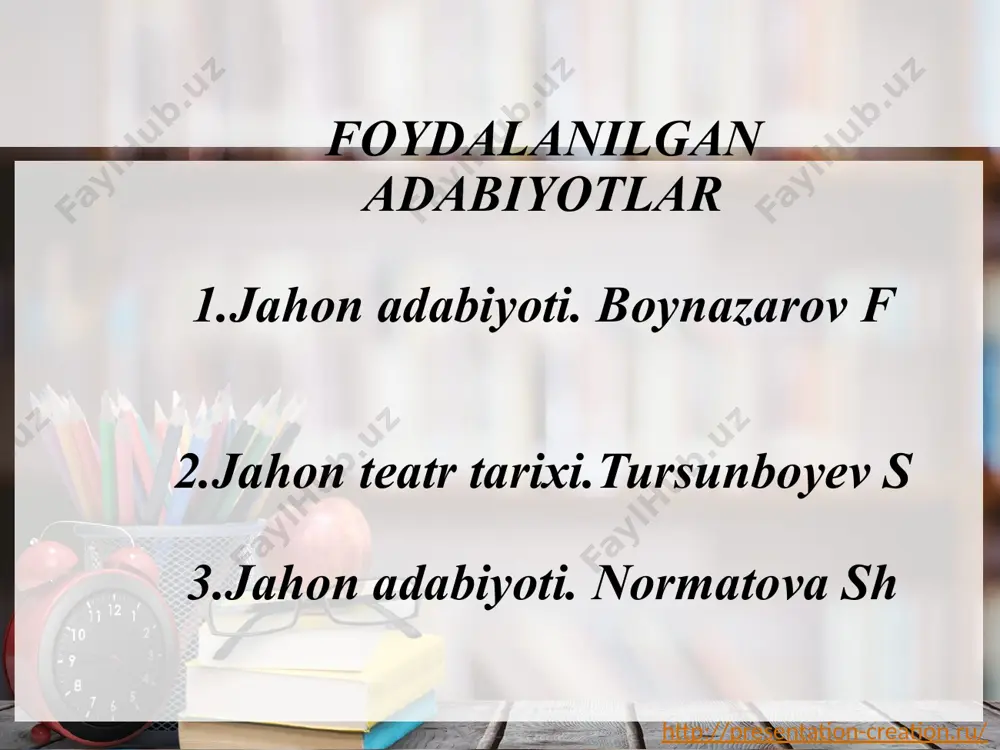 bilan qarashi - asaming yuksak badiiy mahorat bilan yozilishini ta’minlagan. vergiliyning dehqonchilik haqida yozilgan ikkinchi asari - “georgikalar” dostoni ham mazmun jihatidan birinchi to‘plamga juda yaqin turadi. http://presentation-creation.ru/ a l e k s a n d r s e r g e y e v i c h p u s h k i n a.s.pushkin rus adabiyotining eng yirik vakilidir. u n i «rus adabiyotining dahosi» deb ataganlar. zero, rus adabiyotidagi yangilanish, keskin ko'tarilish, uning kelgusidagi taraqqiyoti ana shushoir ijodi bilan bog'liq. pushkinning zamondoshlari, u xalqni adabiyotni sevishga va hurmat qilishga o'rgatdi, jamiyatda adabiyotga zo ‘r havas tug'dirdi, yozuvchilarni esa rus kitobxonlarini qiziqtiradigan va unga foydali narsalar to'g'risida yozishga o'rgatdi, shuning uchun ham insof yuzasidan uni haqiqiy birinchi buyuk rus shoiri deb hisoblaydilar, o'qimishli rus kishisi uning nomini tilga olganida unga zo'r hurmat va minnatdorchilik bildirdi, deya e ’tirof etgan edilar. http://presentation-creation.ru/ aleksandr sergeyevich pushkin 1799- yil 26- mayda …