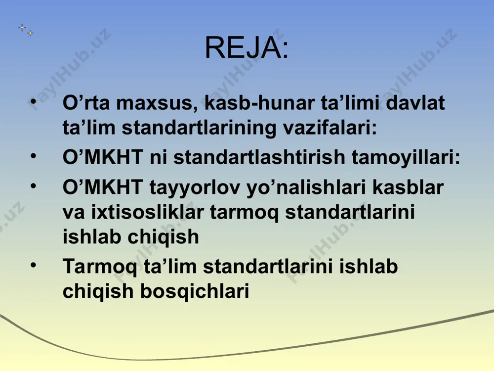 ga aniq (qat’iy) talablarni belgilab qo’yish natijasida kadrlar tayyorlash sifatini oshiradi hamda ta’lim muassasalari ishining samaradorligini nazorat qilish tizimini tartibga soladi. o’mkht ni standartlashtirishning mamqsad va vazifalari tamoyillari va nazorat turlari yuqoridagi vazirlar mahkamasining qarori bilan tasdiqlangan o’mkht dts «asosiy qoidalar», standartida belgilab berilgan. o’mkht standartlarining joriy etilishi quyidagi maqsadlar amalga oshirilishini nazarda tutadi: o’mkht ning yuksak sifatini hamda mamlakatda amalga oshirilayotgan chuqur iqtisodiy va ijtimoiy islohotlarni, rivojlangan demokratik davlat barpo etish talablariga javob beruvchi raqobatbardosh kadrlar tayyorlanishini ta’minlash; mamlakatning ijtimoiy va iqtisodiy taraqqiyoti istiqbollaridan, jamiyat ehtiyojlaridan, fan, texnika va texnologiyaning zamonaviy yutuqlaridan kelib chiqib kadrlar tayyorlash mazmunini tartibga solish; o’mkht ning demokratlashuvi, insonparvarlashuvi va ijtimoiylashuvi, ta’lim oluvchilarning huquqiy va iqtisodiy bilimlari darajasini, shuningdek ta’lim jarayoni samaradorligini oshirish; sifatli ta’lim xizmatlari ko’rsatish, ta’lim va kadrlar tayyorlash sohasida shaxsning, jamiyat va davlatning manfaatlarini himoya qilish; kadrlar tayyorlash sifatini va ta’lim faoliyatini baholash mezonlarini va tartibini belgilash; o’mkht jarayonini va kadrlar tayyorlashning …