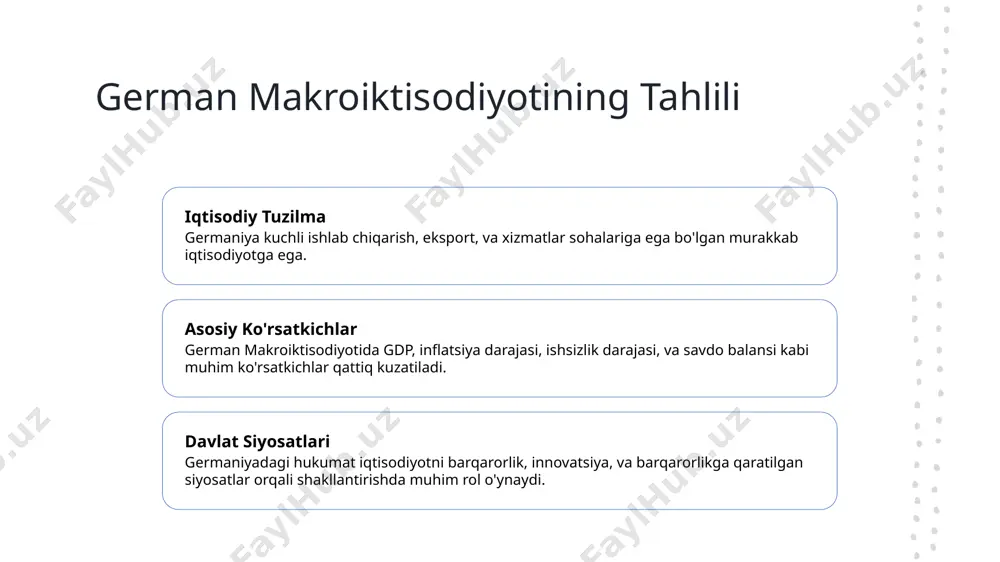 a kasb-hunar ta'lim tizimi mavjud, bu yosh ishsizlikni kamaytiradi va ko'nikmalar bilan ish talablari mos kelishini ta'minlaydi. covid-19ning ta'siri covid-19 pandemiyasi germaniyaning ishsizlik darajasini vaqtincha oshirib, 2021 yilida 4.5%ga yetkazdi. germaniya savdo va eksport faoliyati 1 savdo balansi germaniya doimiy ravishda savdo isrofiyatini saqlaydi, import qilingan narsalardan ko'proq narsa va xizmatlarni eksport qiladi, kuchli iqtisodiyatga hissa qo'shadi. 2 eng yaxshi eksport mahsulotlari germaniyaning eng yaxshi eksport mahsulotlari avtomobillar, mashina-texnika, kimyo, va elektronika, dunyoviy ishlab chiqarish g'oyalariga ega bo'lganini ko'rsatadi. 3 savdo hamkorlari germaniyaning asosiy savdo hamkorlari amerika qo'shma shtatlari, xitoy, fransiya, va birlashgan qirollikdir, taniqli va kuchli eksport tarmog'ini namoyish etadi. germaniyada makroiktisodiyotni ta'sir qiladigan davlat siyosatlari moliyaviy siyosat pul siyosati savdo siyosatlari germaniya hukumati, moliyaviy siyosatni ishlatib, umumiy xarajatlarni va soliqni boshqarish orqali makroiktisodiyotni ta'sir qiladi, masalan, infrastrukturaga investitsiyalarni oshirish. bundesbank, germaniyaning markaziy banki, inflatsiyani tartibga solish va iqtisodiy o'sishni qo'llab-quvvatlash uchun foiz darajalarini va pul miqdorini o'zgartirib pul …