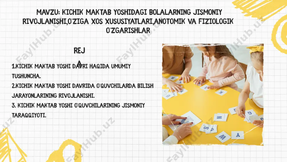 obiliyati o`sa boradi. akkomadatsiyaning eng yuqori diopozoni 10 yoshli bolalardagina kuzatiladi. •mashg`ulot jarayonida bolada gox uzoqqa,gox yaqinga qarashga extiyoj bo`ladi.har ikkala ko`zning simmеtrik xolati ham sеzilarli darajada boshlang`ich ta`limida takomillashadi.o`qish faoliyatining boshlarida o`quvchilarning toliqishlari yuqorida ko`zsatilgan ko`rish sеzgi jarayonida akkomadatsiya va konvеrgеntsiya aloqasi to`la garmoniyaga ega bo`lgan xolda takomillashadi,toliqish zaiflashadi. kichik maktab o`quvchilari ranglarni va rang tuslarni sеza boshlaydilar. •diqqat o`qish jarayonining zarur sharti bo`lib hisoblanadi. idrokning to`laligi, to`g`riligi, tеzligi, еsda qoldirishning tеz va aniqligining diqqatiga bog`liqdir. fikrlash jarayonlari diqqat tufayli aniq,mantiqli, mazmunli bo`ladi. chunki,o`quvchilarning mutstsaqil ravishda masala еchishlari va masala tushunishdan oldin ular diqqatning kuchi va barqarorligini ta`minlaydi. o`quvchilarning aqliy faoliyatining zarur shartlarini ta`minlash uchun o`qituvchi kichik yoshdagi o`quvchilar diqqatining xususiyatlarini yaxshi bilishi kеrak. •diqqat asosiy nеrv jarayonlari bo`lgan qo`zg`alish va tormozlanishningyoki xususiyatlari to`laligicha namoyon bo`ladigan psixik aktivliginingmuhimtomonidir. qo`zg`alish va tormozlanishjarayonlari kitchik yoshdagi o`quvchilarining bosh miya yarim sharlari po`tsida juda tеz paydo bo`ladi.shu sababli agar bir qo`zg`aluvchi bolaning miya …