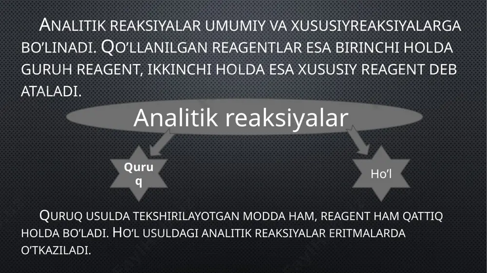 hi obyektning tabiati, laboratoriya jihozlari, ularning zaruriy sezuvchanligi va aniqlik chegarasi kabilarga e'tibor beriladi. 3. har qanday ajratish va konsentrlash topish va aniqlash bilan bog'liq bo'lganligi uchun u gravimetriya, titrimetriya va boshqa aniqlash usullari bilan tugaydi. bunday usullar gibrid usullar deb ataladi. aytib o'tilgan konsentrlash usullaridan qaysi birini tanlash masalasi juda muhim. bu masalani hal qilish tekshiriladigan obyektning tabiati, uning kimyoviy tarkibi, moddani aniqlash uchun qo'llanilishi ko'zda tutilgan usul, tahlilning qancha cho'zilishi, laboratoriya sharoitida mavjud bo'lgan asbob va jihozlar, reaktiv va erituvchilar singarilarga bog'liq. foydalanilgan adabiyotlar. 1. kristian g. m,binom // analiticheskaya ximiya tom 1, 2009. 623 s. 2. kristian g. m,binom // analiticheskaya ximiya tom 2, 2009. 504 s. 3. vasilev v.p. analiticheskaya chimiya.visshaya shkola, 1989, v 2 kn 4. fayzullayev o, analitik kimyo, toshkent, ,,yangi asr avlodi”, 2006, 488 b. 5. fayzullayev o, turabov n, ro’ziev e, quvatov a, muhammadiyev n, analitik kimyo. labaratoriya mashg’ulotlari. toshkent ,,yangi asr …
