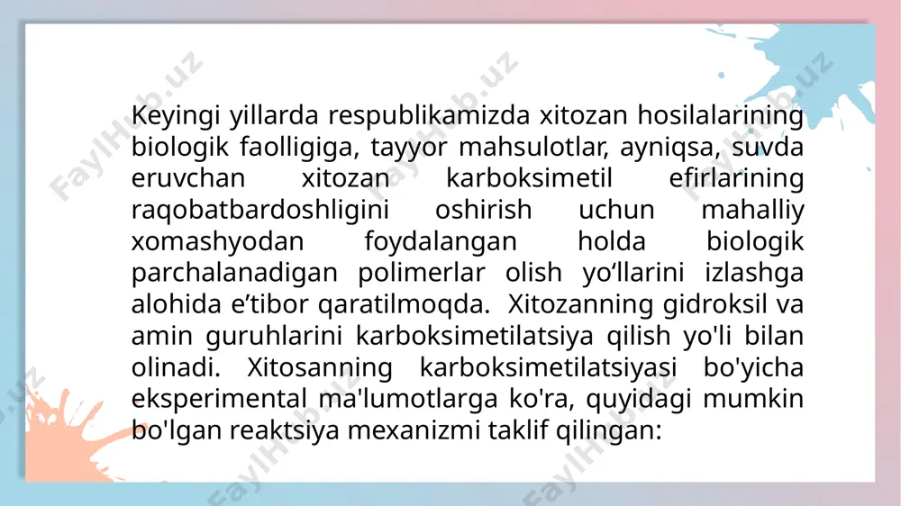 latsiyasi boʻyicha chuqur tadqiqotlar oʻtkazildi. apis mellifera o-karboksimetilxitosanni olish, shubhasiz, import o'rnini bosuvchi, suvda eriydigan, toksik bo'lmagan dori sifatida qiziqish uyg'otadi, chunki u saqlash vaqtida barqaror bo'lib, tibbiyot, qishloq xo'jaligi, parfyumeriya, sanoat va boshqa sohalarda keng qo'llanilishini inobatga olinib, ilmiy ishni toshkent davlat texnika universitetining f3 2019081633- amaliy loyihalari bo‘yicha “mahalliy o‘lik asallari apis melliferadan xitin va xitozan sintezi va ular asosida biologik parchalanadigan polimer plyonkalar olish” mavzusidagi ilmiy tadqiqot rejasi doirasida olib bormoqdaman. e'tiboringiz uchun raxmat! image1.jpeg image2.png image3.png image4.png image5.png image6.jpeg image7.jpeg image8.jpeg image9.jpeg