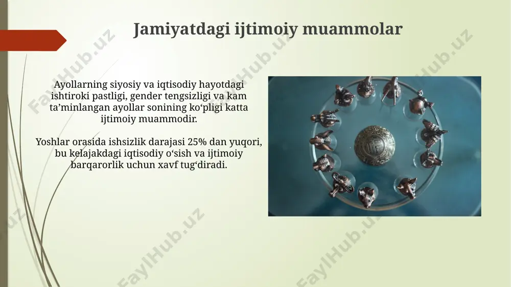 ng 10% dan koʻprogʻini tashkil etadi. mamlakatda tibbiy sugʻurta tizimi rivojlanmoqda, ammo 2023-yil holatiga koʻra, aholi orasida tibbiy sugʻurtalanish darajasi hali ham past, atigi 30% atrofida. kelajakdagi istiqbollar va strategiyasi oʻzbekistonning 2030-yilga kelib yalpi ichki mahsulotini ikki baravar oshirish strategiyasi, iqtisodiyotni diversifikatsiya qilish va xususiy sektorning rolini kuchaytirishga qaratilgan. davlat tomonidan ta'lim va sogʻliqni saqlash tizimlarini rivojlantirishga 5 milliard dollardan ortiq mablagʻ yoʻnaltirilishi, inson kapitalini rivojlantirishga urgʻu berilishini koʻrsatadi. e'tiboringiz uchun rahmat @taqdimot_robot image1.jpg image2.jpg image3.jpg image4.jpg image5.jpg image6.jpg image7.jpg image8.jpg image9.jpg image10.jpg image11.jpg image12.jpg image13.jpg image14.jpg image15.jpg image16.jpg image17.jpg