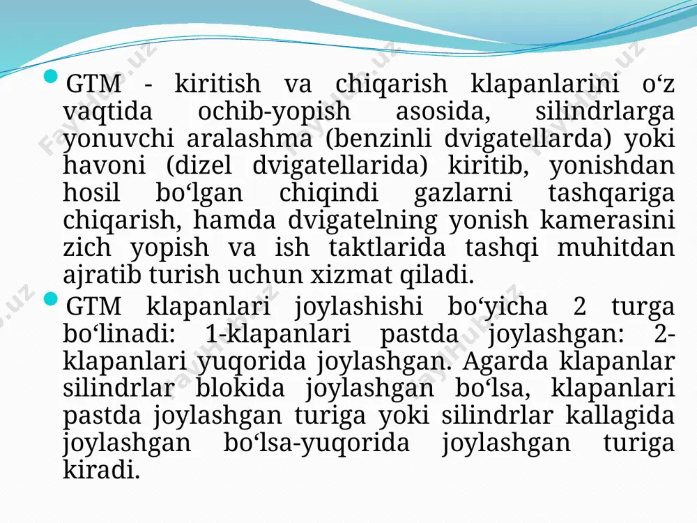 erdagi moy to‘kilgan bo‘lishi kerak. 1.2. tirsakli val shkivini yechish. kalit, otvertka va maxsus asbob. 1-maxsus asbob; 2-shkivning bolti. maxsus asbob 1 bilan maxovik mahkamlansin. shkivning bolti 2 yechib olib, shkiv ajratilsin. dars bosqichlari ta’lim beruvchi (muhandis-pedagog) ta’lim oluvchi (o‘quvchi) i-ish kuni: qismlarga ajratish ishlari i-bosqich: tashkiliy qism. (20 daqiqa). mavzu maqsadi va baholash mezonlarini tushuntiradi. o‘zlashtiradi. ii-bosqich: kirish yo‘riqnomasi. (40 daqiqa). mehnat xavfsizligi va sanitariya, gigiyena qoidalarini tushuntiradi. mavzuga tegishli nazariy bilimlarni takrorlab, ish ketma-ketligini tushuntiradi. o‘zlashtiradi. iii-bosqich: test. (20 daqiqa). har bir o‘quvchiga 10 tadan test savollari beriladi va baholanadi. yozma javob beriladi. iv-bosqich: 1-ish kunida bajariladigan ajratish ishlari: (160 daqiqa). nazorat qilib, ko‘rsatmalar beriladi. 16 ta ajratish ishlarini bajaradi. o‘quv amaliyotini o‘tkazish bo‘yicha uslubiy ko‘rsatmalar 2-ish kuni: qismlarni yig’ish ishlari 2.1. yo‘naltiruvchi vtulkani o‘rnatish. moslamalar bolg‘a, yo‘naltiruvchi vtulka. 1-moslama; 2-moslama dastagi; 3-yo‘naltiruvchi vtulkaning chiqib turgan qismi. silindrlar kallagi bir tekisda 80-100s ga qizdirilsin. yo‘naltiruvchi vtulka yangisiga almashtirilsin. …
