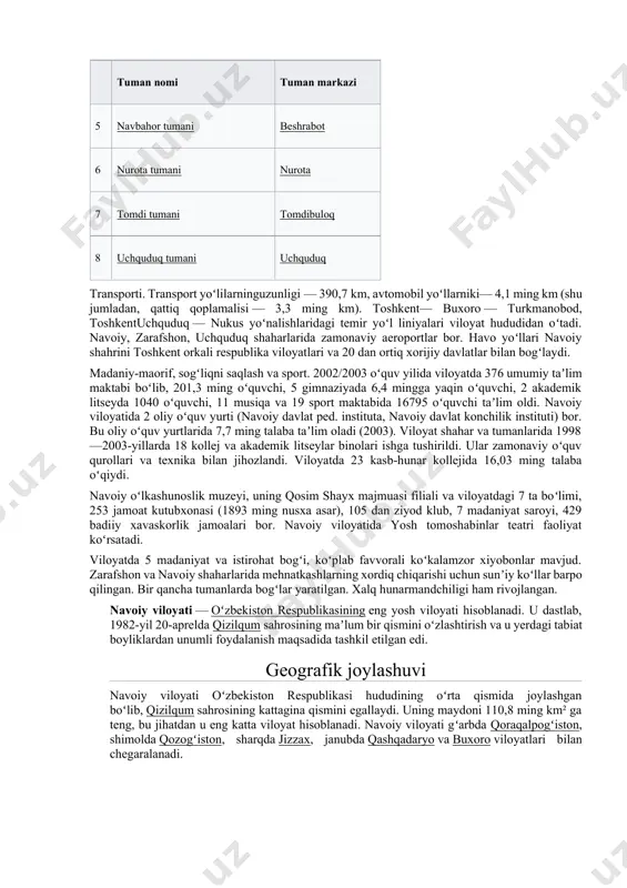 ng kishiga yaqin, qishloq aholisi — 482,6 ming kishidan ziyod (2003). xoʻjaligi. sanoatining yetakchi tarmoqlari energetika, konchilik (oltin va boshqa metallar qazib olish), metallurgiya, kimyo, qurilish materiallari, paxta tozalash, oziq-ovqat sanoati korxonalaridan iborat. yirik korxonalari: navoiy kon-metallurgiya kombinati, navoiy issiqlik elektr stansiyasi, „navoiyazot“ ishlab chiqarish birlashmasi, „qizilqumsement“, „elektrkimyo“, „nurotamarmar“ korxonalari, mahalliy sanoat konserni. toʻkma kon chiqindilaridan oltin ajratib oluvchi „zarafshon-nyumont“ oʻzbek-amerika qoʻshma korxonasi samarali faoliyat koʻrsatyapti. ulardan tashqari „agama“, „zerispark“, „bentonit“ va boshqa qoʻshma korxonalar ishlab turibdi. jami 20 dan ortiq qoʻshma korxona bor. 730 ga yaqin kichik korxona, 30 shirkat korxonasi, 10 mingdan ziyod kichik va oʻrta biznes subʼyektlari faoliyat koʻrsatmoqda. kichik korxonalardan „ittifoq“, „navoiy“ (qurilish materiallari ishlab chiqaradi), „edem“ korxonalarining hissasi salmoqlidir. hududiy boʻlinishi tuman nomi tuman markazi 1 konimex tumani konimex (shaharcha) 2 karmana tumani navoiy (shahar) 3 qiziltepa (tuman, navoiy viloyati) qiziltepa 4 xatirchi tumani yangirabot 5 navbahor tumani beshrabot 6 nurota tumani nurota 7 tomdi …