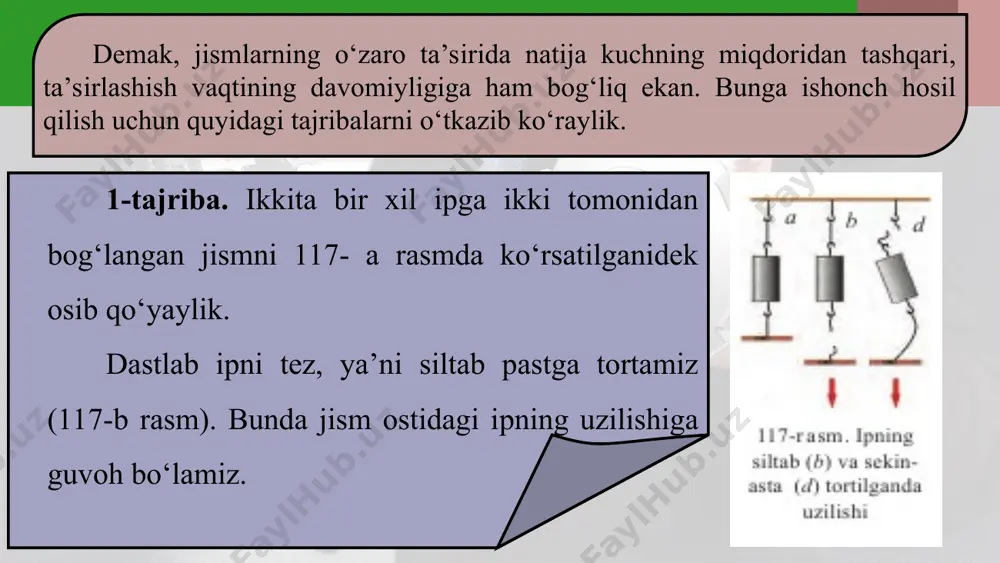 ezlik bilan yupqa taxtani teshib o‘tadi. chunki katta tezlikda harakatlanayotgan 10 g massali o‘qning urilish zarbi 10 m/s tezlikda harakatlanayotgan shunday massali jismning urilish zarbidan 60 marta katta. yuqorida keltirilgan misollardan quyidagi xulosalar kelib chiqadi: bir xil tezlikda harakatlanayotgan jismlardan birining massasi qancha katta bo‘lsa, uning urilish zarbi shuncha katta bo‘ladi. harakatlanayotgan jismning tezligi qancha katta bo‘lsa, uning urilish zarbi shuncha katta bo‘ladi. demak, jism harakatini tavsiflash uchun jism massasi va uning tezligini alohida tarzda emas, balki ularni birgalikda qarash kerak. shu maqsadda jism impulsi degan fizik kattalik kiritilgan. jism massasi bilan uning tezligi ko‘paytmasiga teng kattalik jism impulsi (yoki harakat miqdori) deb ataladi. kuch impulsi va jism impulsi orasidagi munosabat υ0 boshlang‘ich tezlik bilan harakatlanayotgan jism t vaqt davomida boshqa jism bilan ta’sirlashishi natijasida uning tezligi o‘zgarib, υ → ga teng bo‘lib qolsin. bu holda jism tekis o‘zgaruvchan harakat qiladi. jismning olgan tezlanishi quyidagicha ifodalanadi: agar jismning massasi m, …