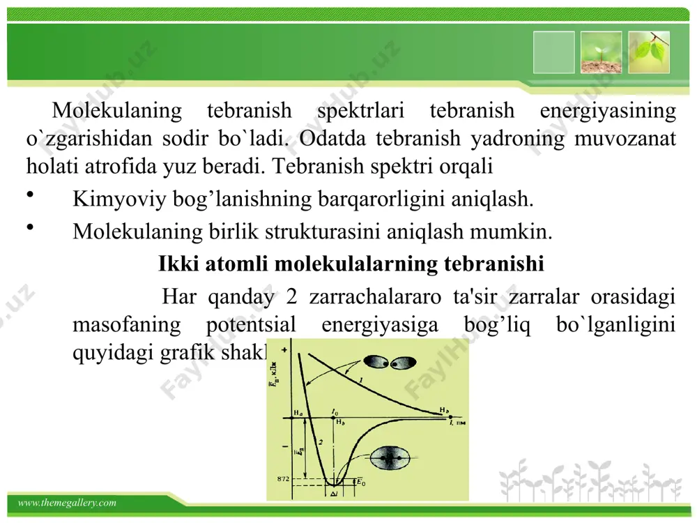 sohalarda garmonik tebranish uchun tebranish kvant soni u  ni tanlash mumkin. bu tebranish oblastida sohalar bir-biriga nisbatan bir xil joylashgan. sohalarda chiziq spektrlari chastotalari www.themegallery.com bundan xulosa chiqarish mumkin, spektrlarning tebranish chastotalari molekulalar chastotasiga teng. agar molekula qo`zg’alib, katta u qiymatli sohaga joylashgan bo`lsa, unda molekulaning tebranishi angarmonik bo`ladi. x-angarmonik konstanta, shuningdek garmonik tebranishdan qanchaga farq qilishini ko`rsatadi.angarmonik tebranishda energetik sohalar bir-biriga nisbatan qanday joylashishini ko`rib o`tamiz. buning uchun har xil chastotali energetik sohalar energiyasini ko`rib o`tamiz. www.themegallery.com tebranish spektridan molekulaning dissotsiyalanish energiyasini aniqlash molekulaning tebranishi valent va deformatsion tebranishlarga bo`linadi. valent tebranishda bog`larning uzunligi o`zgaradi, valent burchagi esa o`zgarmaydi. deformatsion tebranishda valent uzunligi o`zgarmaydi, valent burchaklari o`zgaradi. shu tebranish hosil qilgan chastotalari-xarakterli chastota deyiladi. molekulaning tebranish energetik sohalarining yaqinlashishidan foydalanib, ularning dissotsiyalanish energiyasini hisoblash mumkin. agar molekulaga tashqi kuch ta’sir ettirilsa, undan keyin kimyoviy bog`lar uzilsa va molekulalar atomlarga parchalansa, molekulaning dissotsiyalanishi amalga oshadi. molekuladagi atomlar kvant nazariyasiga …