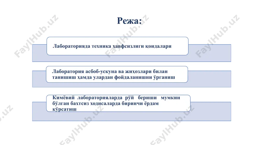 қат билан ўқиб чикиш ёки реактив солинган идишнинг устида ёзилган маълумот бўлган ҳолдагина ишлатиш мумкин. 6. лабораторияда ишлатиладиган реактивларнинг кўпчилиги зарарли эканлигини эсдан чиқармаслик лозим. шу сабабли реактивларнинг мазасини билиш мақсадида татиб кўриш, ҳидлаш, шунингдек кимёвий идишларда сув ичиш умуман мумкин эмас. лабораторияда техника ҳавфсизлиги қоидалари 7. кимё лабораторияларида кимёвий моддаларни қўл билан олиш қатъиян ман этилади! лабораторияда техника ҳавфсизлиги қоидалари 8. кислота ва ишқорларни ўз идишларидан бошқа идишларга қуйиш мумкин эмас. суюқликлар иситилаётганда, реактивларни қуяётганда, уларнинг томчилари юзга сачрамаслиги учун идиш устига эгилиб қараш ман этилади. лабораторияда техника ҳавфсизлиги қоидалари 9. лаборатория хоналарида эса албатта мўрили шкаф бўлиши лозим. чунки учувчан кучли кислоталар ёки ишқорлар билан ишлаш шундай шкафлар ичида бажарилиши хафсизлик коидаларидан биридир. албатта бундай шкафларда бир нечта газ плиталари ҳам мавжуд бўлиши керак. шунингдек, фосфоангидрид билан ишлашда албатта ҳимоя воситаларидан фойдаланиш лозим. 10. газ плиталарининг устига кўйиш учун темир сетка ёки асбестдан фойдаланилади. бу анжомлар колбалардаги суюқликни …