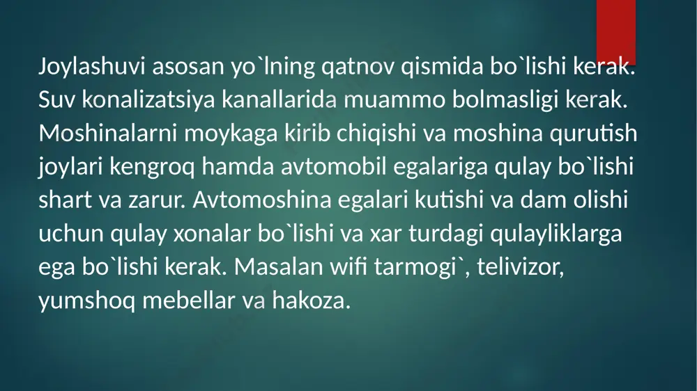 a ximiqati 10000 so’m kamunal to’lovi yani suv, elektir toki 20000 so’m boladi va kunduzgi smenada qoladigan foyda kuniga 330000 somni tashkil etadi. kechki smenada esa kuniga 10 ta mashina afto moykaga kirsa 400000 so’mni tashkil etadi va ishchilarga 60% ofta moykaga 40% qoladi. yani xar bitta mashinadan 24000 so’m ishchiga qolgan 16000 so’m afto moykaga topshiradi. yani 160000 so’m afto moykaga qolgan 240000 so’m ishchilarga beriladi. ishchilarga issiq ovqat 40000 so’m qamunal tolov 10000 so’m pena ximiqati 5000 so’m tashkil etadi. kechki smenadan ofto moykaga kuniga 105000 so’mni tashkil etadi. va kuniga afto moyka 435000 som sof foyda bilan chiqadi. oyiga 2000000 so’m arenda va 11050000 som sof foyda tashkil etadi. ustunligi afto moykada xar xil turdagi bonuslarimiz boladi. suxoy tumanlarimiz bepul va xar oyda 10 marta tashrif buyurgan afto mashinaga 1 marta bepul yuvib berish xizmati. bayramlarda aksiya elon qilinadi va afto mashinani arzonlashtirilgan narxlarda yuvub beriladi. image2.png …