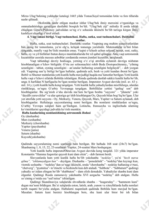 ri xronologiyasi” nomli maqolasi va “rus solnomalari xronologiyasi” (m., 1963) nomli monografiya xronologiya faniga oid muhim tadqiqotlardan biridir. muallif rus solnomalari xronologiyasini о‘rganishning uslublarini ishlab chiqadi. 1954-1956 yillarda bmtda yanada mukammal va barcha xalqlar uchun yagona bо‘lgan yangi kalendarni о‘rganish masalasi muhokama qilinadi. natijada bir qator mamlakatlarda kalendarlarning astronomik asosi va yilni hisoblashning yangi uslublariga oid ilmiy tadqiqotlar yuzaga keladi. 3. o‘rta osiyo olimlarining xronologiya rivojlanishiga qo‘shgan hissasi о‘rta asrlarda xronologiya rivojiga markaziy osiyolik olimlar ahmad al-farg‘oniy (797-865), abu rayhon beruniy (973-1048), umar xayyom (1048-1131) va mirzo ulug‘bek (1394-1449) kabi olimlar katta xissa qо‘shdilar. ahmad al-farg‘oniy ilmi-hay’at (falakiyotshunoslik-astronomiya), riyoziyot (matematika) va jо‘g‘rofiya (geografiya) fanlari bilan shug‘ullanib, qator ilmiy asarlar yozib qoldirdi. ahmad al-farg‘oniy halifa al-ma’mun topshirig‘iga binoan damashqdagi rasadxonada osmon jismlari harakati va ularni aniqlash, yangi “zij” yaratish ishlariga rahbarlik qildi. ahmad al-farg‘oniyning “kitob al-harakat as-samoviya va javomi’ ilm an-nujum” (samoviy harakatlar va umumiy ilmi kitobi) astronomik asari hisoblanadi. bu …