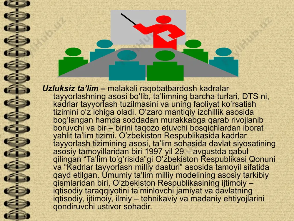 dagi attestat beriladi. o’rta mahsus, kasb – hunar ta’limi. umumiy o’rta ta’lim negizida o’qish muddati 3 yil bo’lgan majburiy o’rta mahsus, kasb – hunar ta’limi uzluksiz ta’lim tizimidagi mustaqil turdir. o’rta mahsus, kasb – hunar ta’limi tizimi yo’nalishi – akademik litsey yoki kasb – hunar kolleji o’quvchilar tomonidan ihtiyoriy tanlanadi. akdemik litsey dts ga muvofiq o’rta mahsus ta’lim beradi, o’quvchilarning imkoniyatlari va qiziqishlarini hisobga olgan holda ularning jadal intellektual rivojlanishi chuqur, sohalashtirilgan, tabaqalashtirilgan, kasbga yo’naltirilgan ta’lim olishni ta’minlaydi. akdemik litseylarda o’quvchilar o’zlari tanlab olgan ta’lim yo’nalishi bo’yicha (gumanitar, tehnika, agrar va boshqa sohalar) bilim saviyalarini oshirish hamda fanni chuqur o’rganishga qaratilgan mahsus kasb – hunar ko’nikmalarini o’zlarida shakllantirish imkoniyatiga ega bo’ladilar. bu ko’nikmalarni o’qishni muayyan oliy ta’lim muassasalarida davom ettirish yoki mehnat faoliyatida ro’yobga chiqarishlari mumkin. kasb – hunar kollejiga tegishli dts doirasida ta’lim oluvchilarga o’rta mahsus, kasb – hunar ta’limi beriladi; o’quvchilarga kasb – hunarga moyilligi, bilim va ko’nikmalarni …