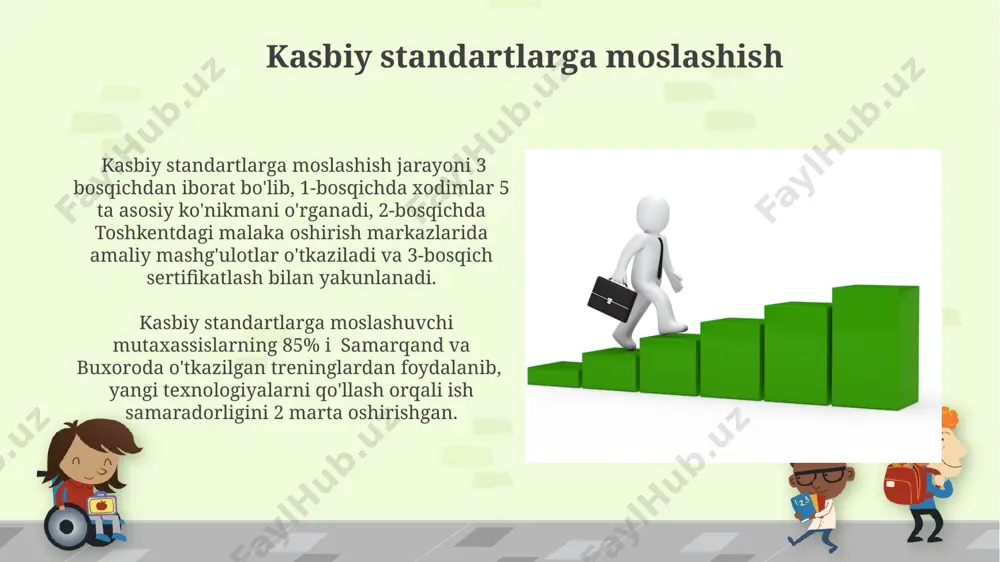 ning 5 ta yirik shahri – toshkent, samarqand, buxoro, andijon va fargʻona –da 2023-yilda 3000 dan ortiq mutaxassis malaka oshirish kurslarida qatnashdi. xorijiy mamlakatlar, jumladan, janubiy koreya va germaniya tajribalari asosida, oʻzbekistonda amaliy kasbiy koʻnikmalarni oshirishga yoʻnaltirilgan 7 ta yangi dastur ishlab chiqildi va 2025-yilga qadar 10 000 dan ortiq mutaxassisni oʻqitish rejalashtirilgan. liderlik xususiyatlarini rivojlantirish davlat boshqaruvi akademiyasi 3 yillik dasturida rahbarlar uchun moliyaviy savodxonlik, xalqaro standartlarga muvofiq xususiy sektor bilan hamkorlik qilish bo'yicha 10 ta modul o'qitilmoqda. rahbarlarning 70% dan ortig'i, 2023 yilgi tadqiqotlarga ko'ra, muvaffaqiyatli jamoani shakllantirish va motivatsiya qilish bo'yicha qo'shimcha ko'nikmalarga ega bo'lishni istaydi. toshkent shahrida bunday treninglar mavjud. ish tajribasini orttirish o'zbekistondagi 3 ta yirik shaharda (toshkent, samarqand, buxoro) ish tajribasini oshirish bo'yicha 20 dan ortiq turli xil dasturlar mavjud. ish tajribasini orttirishda 5 yildan ortiq tajribaga ega bo'lgan mutaxassislarning 70%i toshkentdagi yirik kompaniyalarda malaka oshirish kurslariga qatnashadi. jamoa bilan ishlash jamoa bilan ishlashda …