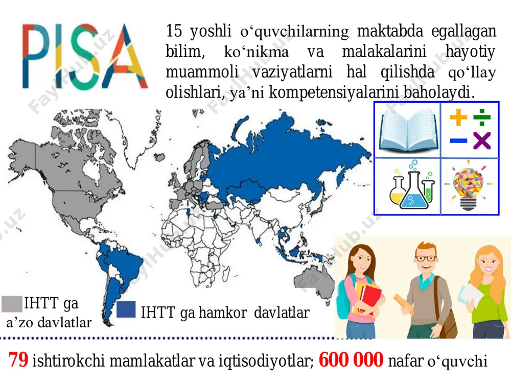 i modellar va tasvirlarni anglash, yaratish va ulardan foydalanish;  tegishli prognozlar qilish va asoslash;  izohlovchi farazlarni taklif etish.  maʼlum bir ko‘rinishdagi maʼlumotlarni boshqa ko‘rinishda ifodalash;  maʼlumotlarni tahlil va talqin qilish hamda tegishli xulosalar chiqarish;  ilmiy adabiyotlardan olingan matnlardagi faraz, dalil va xulosalarni aniqlash;  ilmiy dalil va nazariyalarga asoslangan mulohazalarni ilmiy bo‘lmagan boshqa qarashlardan farqlay olish;  turli manbalar (masalan, gazeta, jurnal, internet)dan olingan ilmiy mulohaza va dalillarni baholash. tabiiy-ilmiy savodxonlik kompetensiyalari ilmiy tadqiqotlarni loyihalash va baholash ma’lumotlar va dalillarni ilmiy talqin qilish kompetensiya bilim – sistema fizik biologik yer va fazo kontekst savol formati kognitiv daraja pisa topshiriqlari - tadqiqotning baholash vositasi topshiriqning har bir savoli quyidagi toifalar bo‘yicha tasniflanadi: mazmun sohasi fizik sistemalar tirik sistemalar yer va fazo sistemalari kontekstlar mahalliy / milliy global shaxsiy kognitiv darajalar yuqori o‘rta quyi. bir bosqichli amallarni bajarish, masalan, dalillar, terminlar, tamoyillar yoki tushunchalarni anglash o‘rta. hodisalarni …