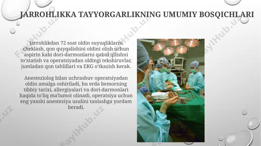 ksiyalarini aniqlash uchun kamida 3 ta turli dorilarga nisbatan allergiya tarixini batafsil o'rganish kerak, bu esa 1-2% chastotadagi jiddiy reaktsiyalarni oldini olishga yordam beradi. operatsiya kunidagi ko'rsatmalar operatsiyaga kirishdan oldin bemorga intravenöz yoki peroral ravishda antibiotiklar, og'riq qoldiruvchi vositalar va boshqa kerakli dori vositalari yuborilishi mumkin. operatsiyadan 6-8 soat oldin hech qanday ovqat yoki ichimlik iste'mol qilinmasligi kerak, faqatgina ruxsat etilgan dorilarni suv bilan ichish mumkin. bemorning tashvishlarini bartaraf etish operatsiyadan oldin bemorga chuqur nafas olish mashqlari va meditatsiya texnikalarini o'rgatish, 15-20 daqiqali sessiyalar orqali tashvish darajasini sezilarli darajada pasaytiradi. jarrohlikdan oldin bemorning ruhiy holatini baholash va 70% dan ortiq tashvish darajasi aniqlansa, tegishli psixologik yordam va stressni kamaytirish usullarini qo'llash kerak. operatsiya xavf va foydalarini tushuntirish bemorga operatsiyadan keyingi davolanish jarayoni, shu jumladan, og'riqni boshqarish, reabilitatsiya va tiklanish davri (taxminan 2-6 hafta) haqida batafsil ma'lumot berish kerak. jarrohlik amaliyotining muvaffaqiyat darajasi 90% dan yuqori bo'lishi mumkin, ammo 10% xavf …