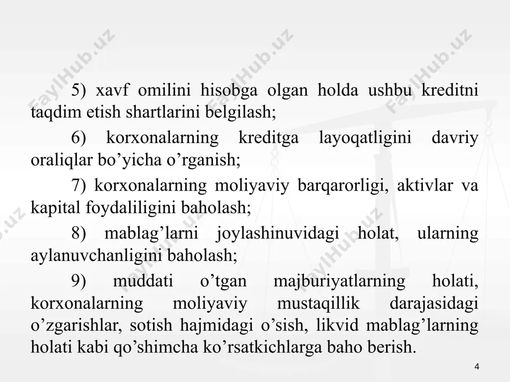 korxona moliyaviy mustaqil yoki qaramliligini ifodalaydi. mablag’lar tarkibida qarz mablag’lari ulushi yuqori bo’lishi, moliyaviy barqarorlik pasayishiga olib keladi. korxonaning kreditga layoqatligini baholashda foydalaniladigan asosiy ko’rsatkichlar quyidagilar: -mustaqillik koeffitsienti. -qarz va o’z mablag’lari o’rtasidagi nisbat koeffitsienti. -xususiy kapital xarakatchanlik koeffitsienti. 13 mustaqillik koeffitsienti – jami mol-mulk qiymatida xususiy kapital ulushini ko’rsatadi. ushbu koeffitsientning 0,5 dan yuqori bo’lishi korxonaning moliyaviy barqarorligini 0,5 dan past bo’lishi moliyaviy qaramligini bildiradi. kmus=xususiy kapital ((480-460-470)satr, 1-shakl)/ jami mol mulk qiymati (780 satr, 1-shakl) qarz va o’z mablag’lari o’rtasidagi nisbat koeffitsienti – xususiy kapital va qarz mablag’lari o’rtasidagi nisbatni ko’rsatadi. kqo’mn=majburiyatlar (770 star, 1-shakl)/xususiy kapital (480-460470)satr, 1-shakl) xususiy kapital xarakatchanlik koeffitsienti – xususiy kapital tarkibida o’z oborot mablag’lar ulushini ko’rsatadi. bu koeffitsient normativi kxkxk > 0,2 yuqori bo’lish kerak. kqo’mn=o’z oborot mablag’lari ((480+490-130)satr, 1-shakl)/xususiy kapital (480-460-470)satr, 1-shakl) 14 noaniqlik - bu qarorning bajarilishi shartlari bilan bog'liq bo'lgan dastlabki ma'lumotlarning ham, qayta ishlangan ma'lumotlarning ham to'liqsizligi yoki noto'g'riligi …