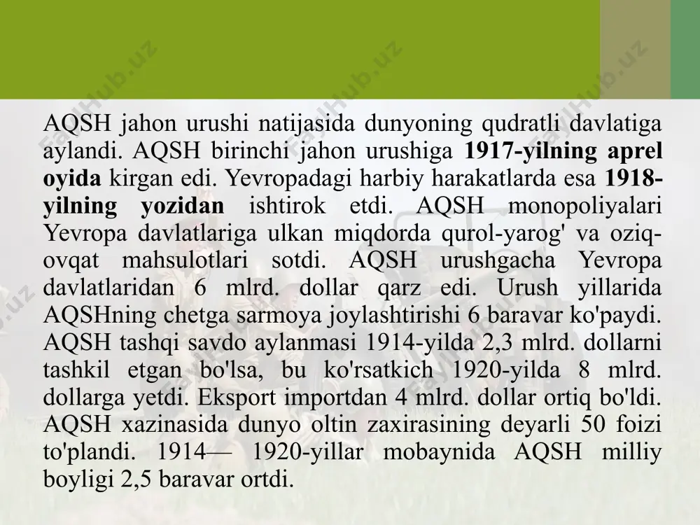 iga 500 mln. dollar mablag' ajratdi. uning maqsadi tovarlarning bozordagi narxini tushirmasdan saqlashni ta'minlash edi. biroq bu tadbirlar yetarli samara bermadi. «buyuk depressiya» ommaviy stachka harakatining boshlanishiga sabab bo'ldi. ishsizlar vashington shahriga yurish boshladilar. bu yurishlar «ochlar yurishlari» deb nom oldi. hukumat ommaviy harakatlarni shafqatsizlik bilan bostirdi. 1932-yilda aqshda bo'lib o'tgan prezidentlik saylovida demokratlar partiyasi nomzodi franklin delano ruzvelt g'alaba qozondi. u aqsh tarixida eng mashhur prezident sifatida nom qoldirdi. u to'rt marta ketma-ket prezidentlikka saylandi. u aqshni iqtisodiy inqirozdan qutqarish va uning buyukligini saqlab qolishning har tomonlama puxta ishlangan rejasini yarata oldi va uni hayotga to'la tatbiq qildi. bu aqsh tarixiga f. ruzveltning «yangi yo'li» nomi bilan kirdi. yangi yo'l — amerika iqtisodiyotida keng miqyosli 'islohotlar o'tkazish yo'li edi. f. ruzvelt ishni birinchi navbatda banklarni saqlab qolishdan boshladi. shu maqsadda favqulodda bank qonuni qabul qilindi. unga ko'ra, faqat eng yirik banklarga davlat qarzi olishga ruxsat etildi. oqibatda 25 mingta …