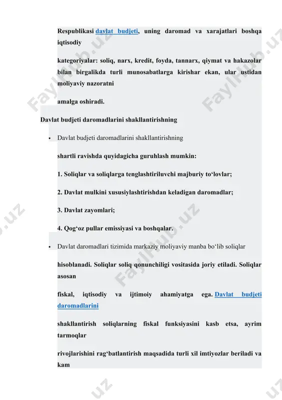 lig’i 2. jismoniy shaxslardan olinadigan daromad solig’i 3. qo’shilgan qiymat solig’i 4. aksiz solig’i 5. yer qa’ridan foydalanuvchilar uchun soliqlar va maxsus to’lovlar 6. suv resurslaridan foydalanganlik uchun soliq 7. bojxona to’lovlari 8. davlat boji 9. ijtimoiy jamg’armalarga majburiy to’lovlar 10. respublika yo’l jamg’armasiga yig’imlar soliq solishning soddalashtirilgan tartibida to’lanadigan umumdavlat soliqlari: 11. yagona soliq to’lovi 12. tadbirkorlik faoliyatining ayrim turlari bo’yicha qat’iy belgilangan soliq 1. davlat bujjetini shakllantirish davlat byudjeti — davlatning muayyan vaqt (odatda bir yil) uchun moʻljallangan pul daromadlari va harajatlari majmui. d.b. davlat ixtiyoridagi pul fondlarining taqsimlanishini bildirib, u davlat moliyasining bosh boʻgʻini hisoblanadi. d.b. tarkiban umumdavlat (yoki markaziy) byudjet i (mamlakat miqyosidagi umumiy daromadlar va harajatlar yigʻindisi) vamahalliy (munitsipal) byudjet (hududiy tuzilmalar — oʻlka, viloyat, tuman va h.k. doirasidagi pul daromadlari va harajatlari)ga boʻlinadi. ikki turdagi byudjetlar nisbati mamlakatning ichki sharoitiga bogʻliq boʻladi. davlat jamiyatga ijtimoiy xizmatlar (milliy xavfeizlikni taʼminlash, jamoat tartibini saklash, atrof-muhitni himoya …