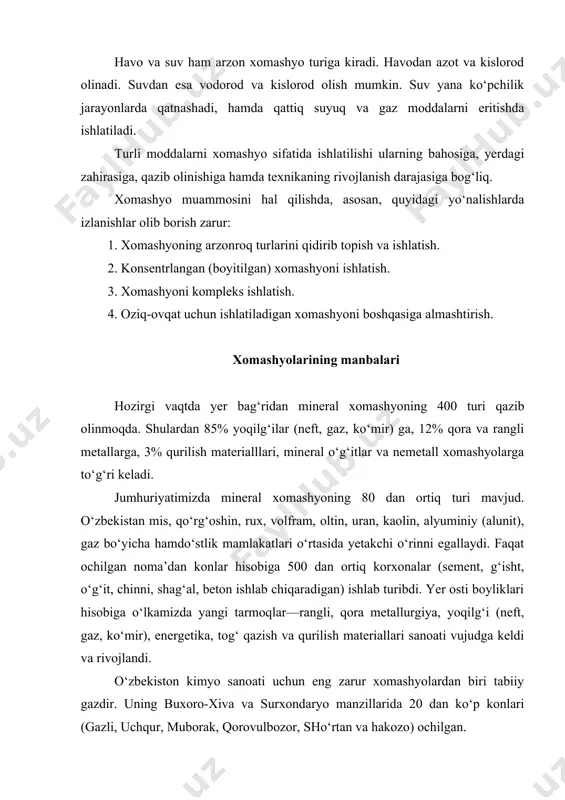 vujudga keldi va rivojlandi. o‘zbekiston kimyo sanoati uchun eng zarur xomashyolardan biri tabiiy gazdir. uning buxoro-xiva va surxondaryo manzillarida 20 dan ko‘p konlari (gazli, uchqur, muborak, qorovulbozor, sho‘rtan va hakozo) ochilgan. organik sintez asosida gazdan xalq xo‘jaligi uchun kerak bo‘lgan sintetik kauchuk va spirtlar, erituvchilar, medikamentlar va boshqalar ishlab chiqarish mumkin. 1mln. m3 gazdan 2400 m sun’iy ipak matolar, 240—400 kg plastmassa. 320—400 kg sintetik ukauchuk va boshqa narsalar olish mumkin. o‘zbekistonning asosiy kimyo sanoati gigantlari bo‘lgan «chirchiqelektrokimyosanoat» va «navoiazot» ishlab chiqarish birlashmalari hamda farg‘onadagi azot o‘g‘itlari ishlab chiqarish zavodlarida asosiy xomashyo sifatida tabiiy gaz ishlatiladi. respublikamizda neft qazish ishlari 1886 yilda farg‘onada boshlangan. 1913 yilda 13 ming tonna neft olingan. neft konlari asosan farg‘ona, surxondaryo va buxoro viloyatlarida topilgan. o‘zbekistonda 1917 yilga qadar toshko‘mir qazib olish ishlari tashkil qilinmagan edi. toshko‘mirning katta zaxirasi angrenda topilgan. 1941—45 yillarga kelib angren koni ishga tushirildi. bu kondan 1975 yilda 5 mln.71 ming …
